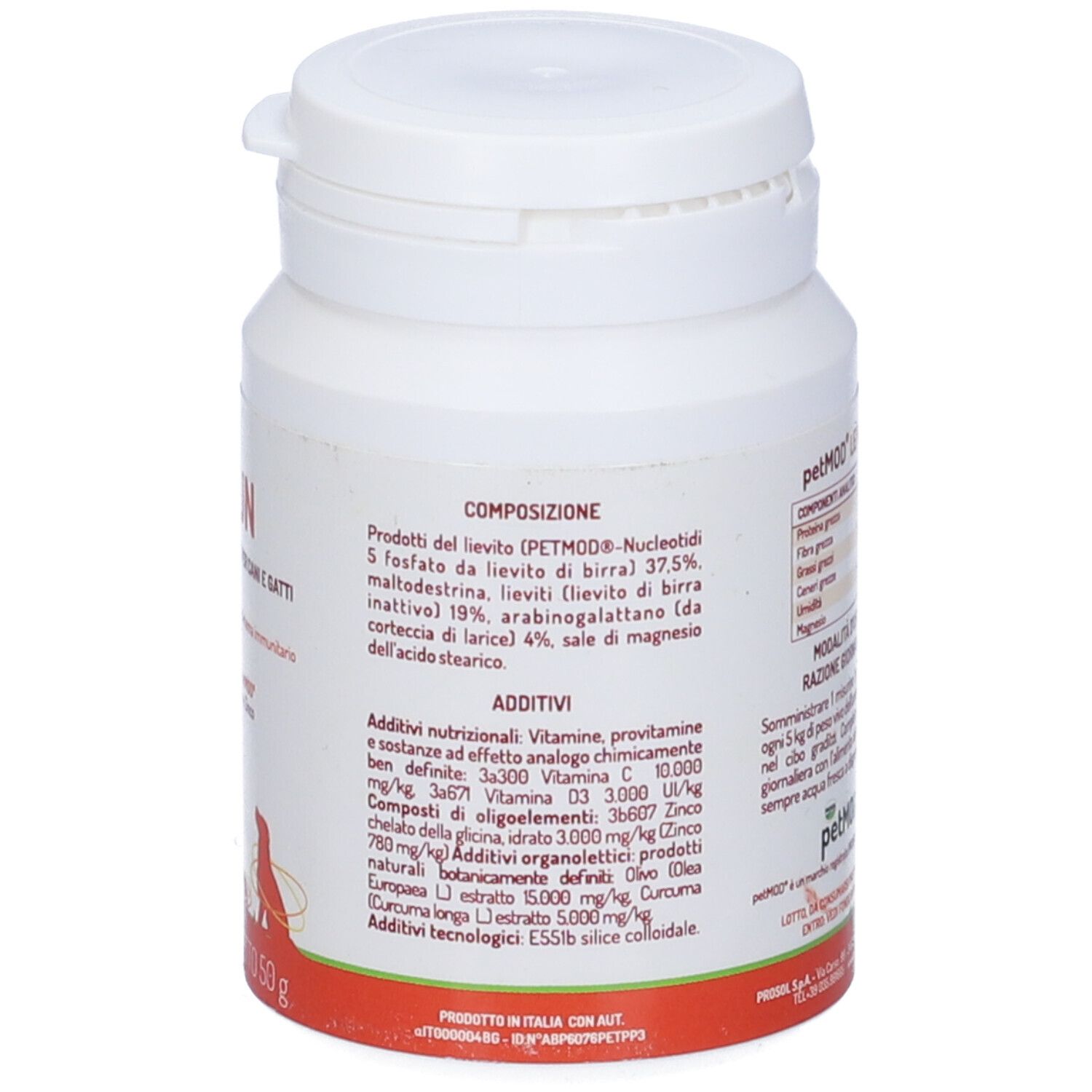 Retro di un barattolo bianco. Testo: Composizione, additivi, informazioni produttore. Peso: 50 g.