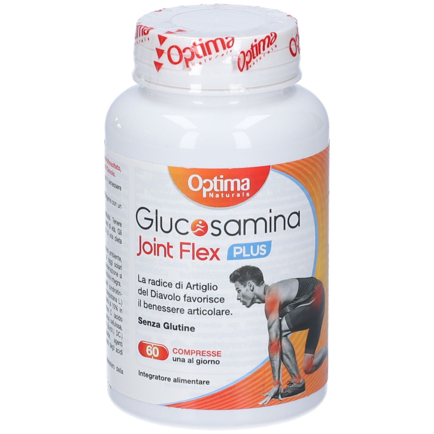 Flacone bianco Optima Naturals Glucosamina Joint Flex Plus. 60 compresse. Uomo con ginocchio. Senza glutine.