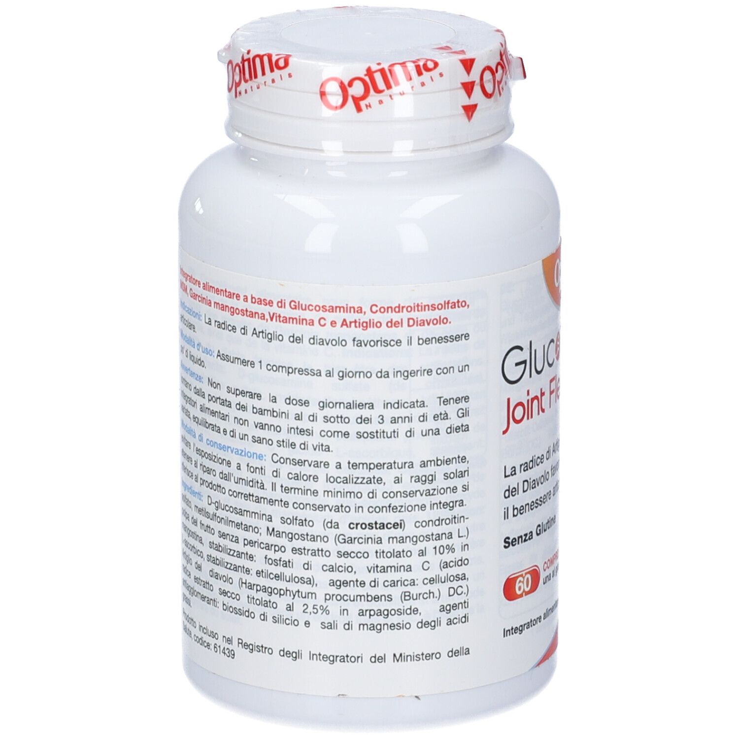Retro del flacone bianco Optima Naturals Glucosamina Joint Flex Plus. Testo con ingredienti e avvertenze.