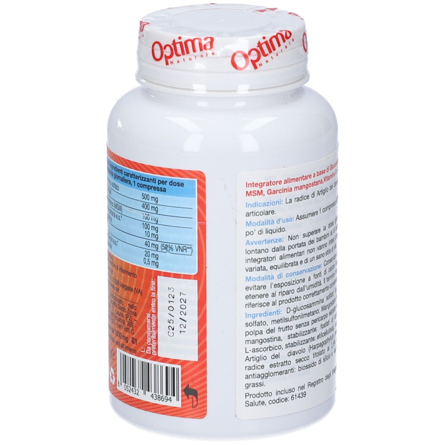 Retro del flacone bianco Optima Naturals Glucosamina Joint Flex Plus. Elenco ingredienti e data di scadenza.