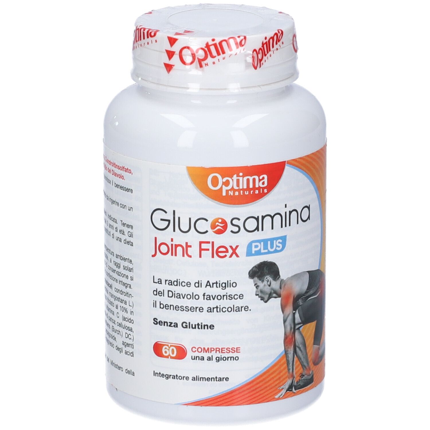 Flacone bianco Optima Naturals Glucosamina Joint Flex Plus. 60 compresse. Uomo con ginocchio. Senza glutine.