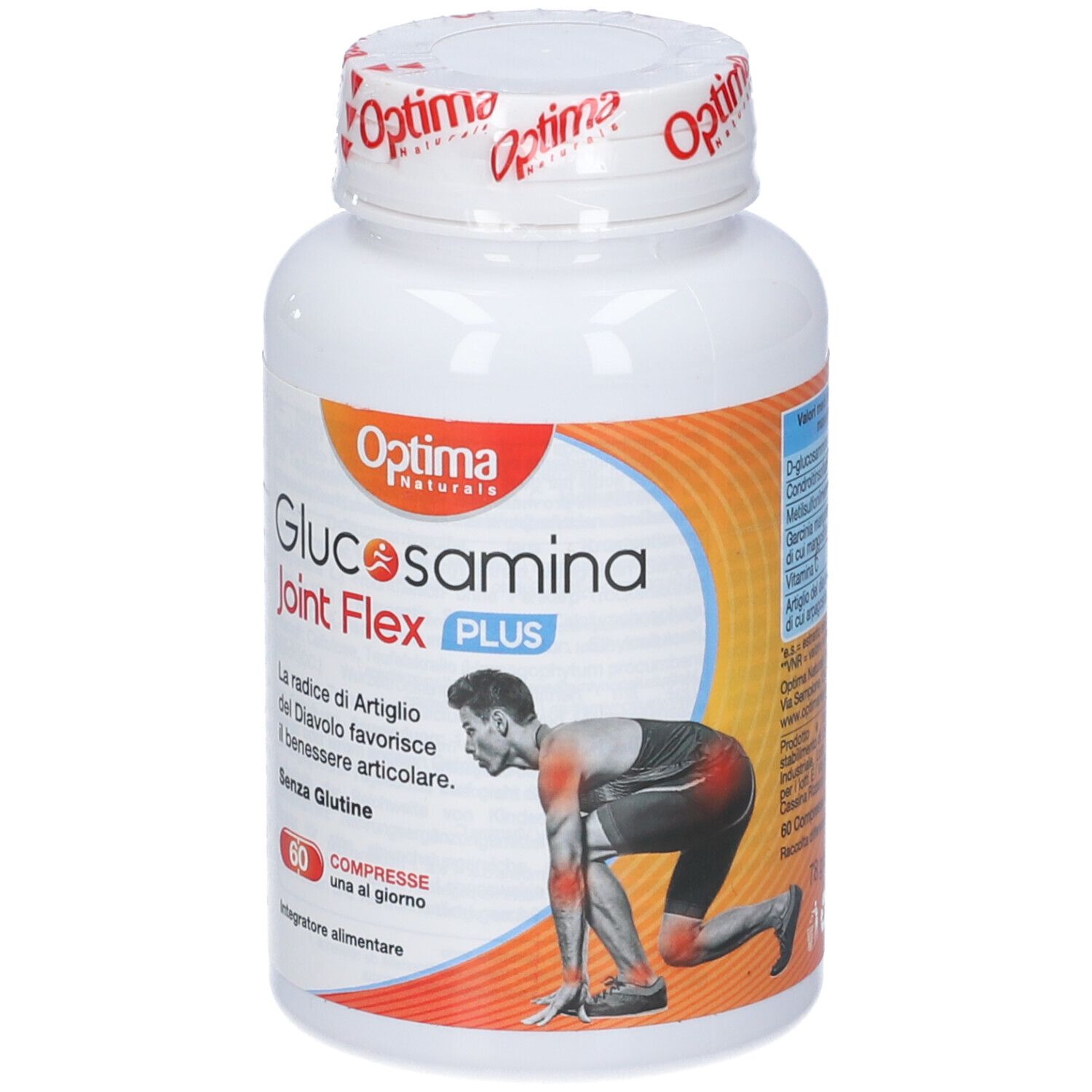 Flacone bianco Optima Naturals Glucosamina Joint Flex Plus. 60 compresse. Uomo con ginocchio. Senza glutine.