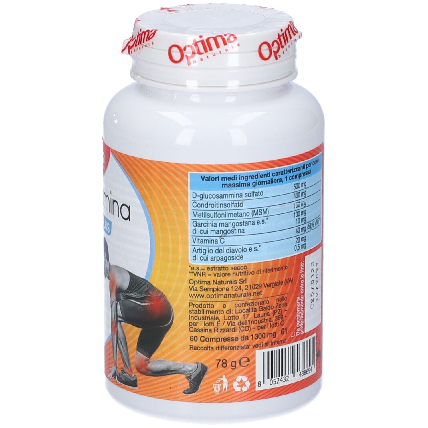 Retro del flacone bianco Optima Naturals Glucosamina Joint Flex Plus. Elenco ingredienti, peso e produttore.