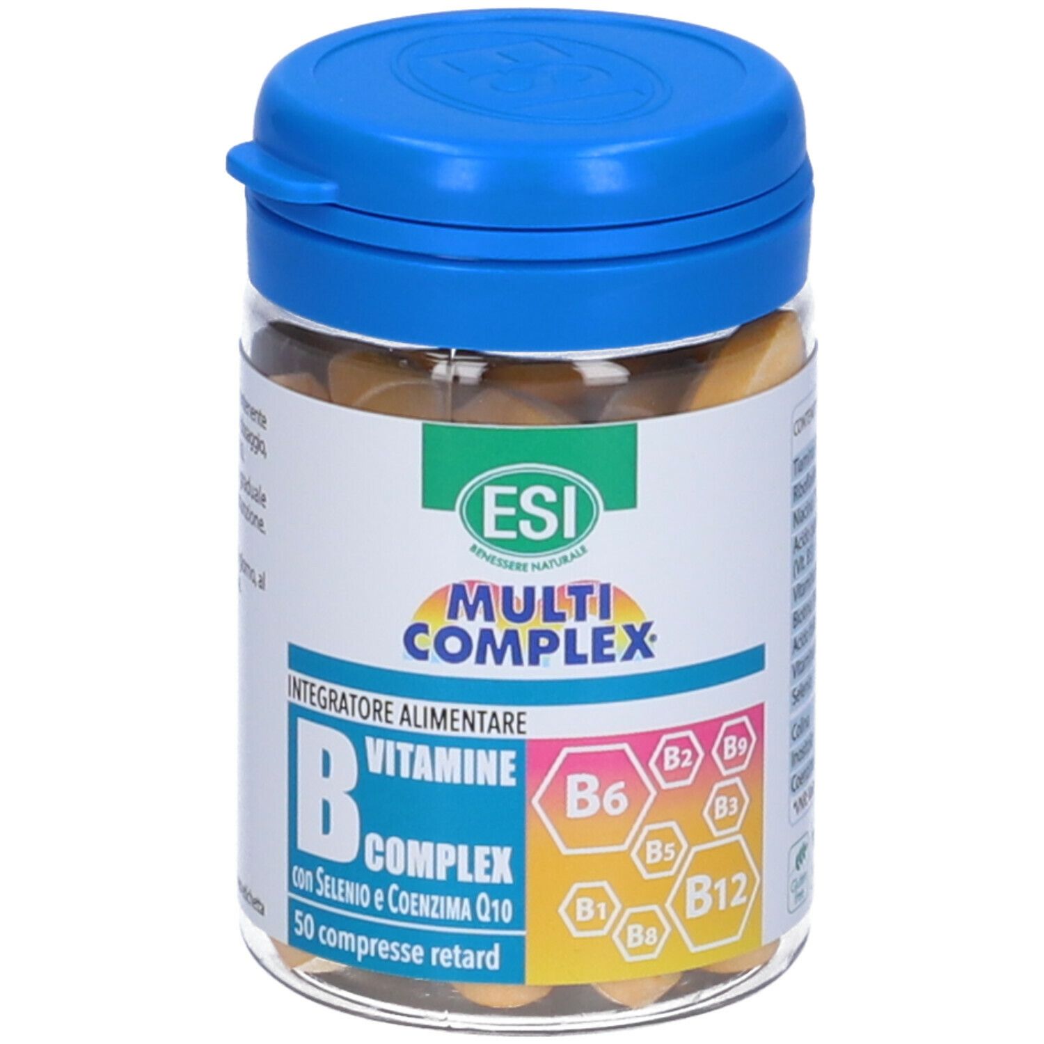 Barattolo trasparente con coperchio blu. Etichetta con nome prodotto e complesso di vitamina B. 50 compresse.
