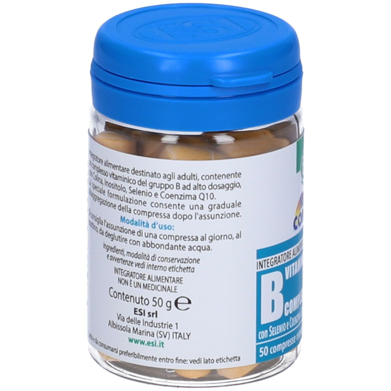 Retro del barattolo con coperchio blu. Etichetta con ingredienti e istruzioni per l'uso.