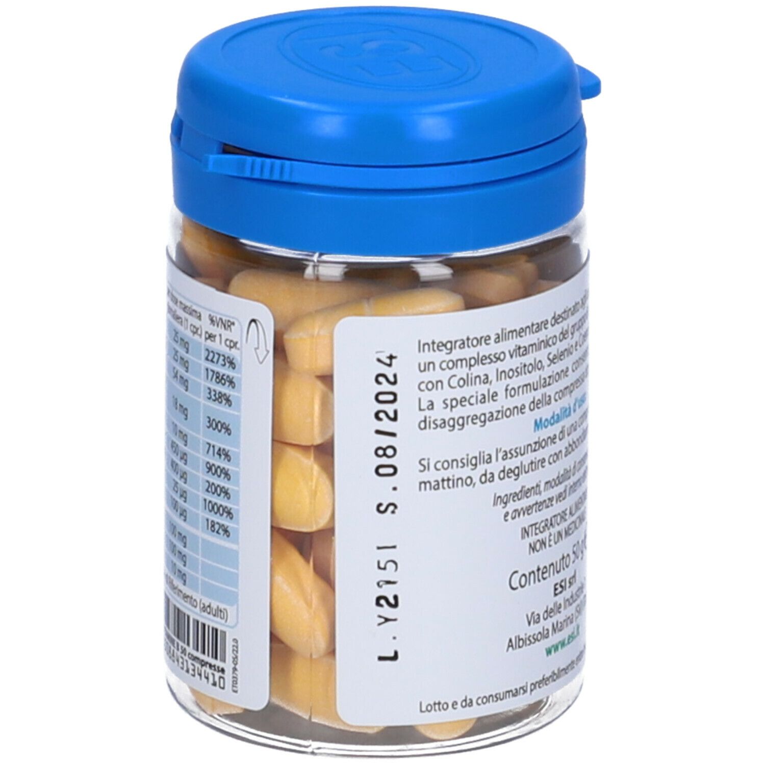 Barattolo con coperchio blu, pieno di compresse. Etichetta con informazioni nutrizionali e data di scadenza.