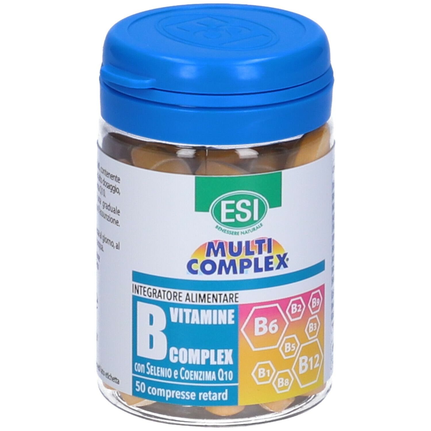 Barattolo trasparente con coperchio blu. Etichetta con nome prodotto e complesso di vitamina B. 50 compresse.