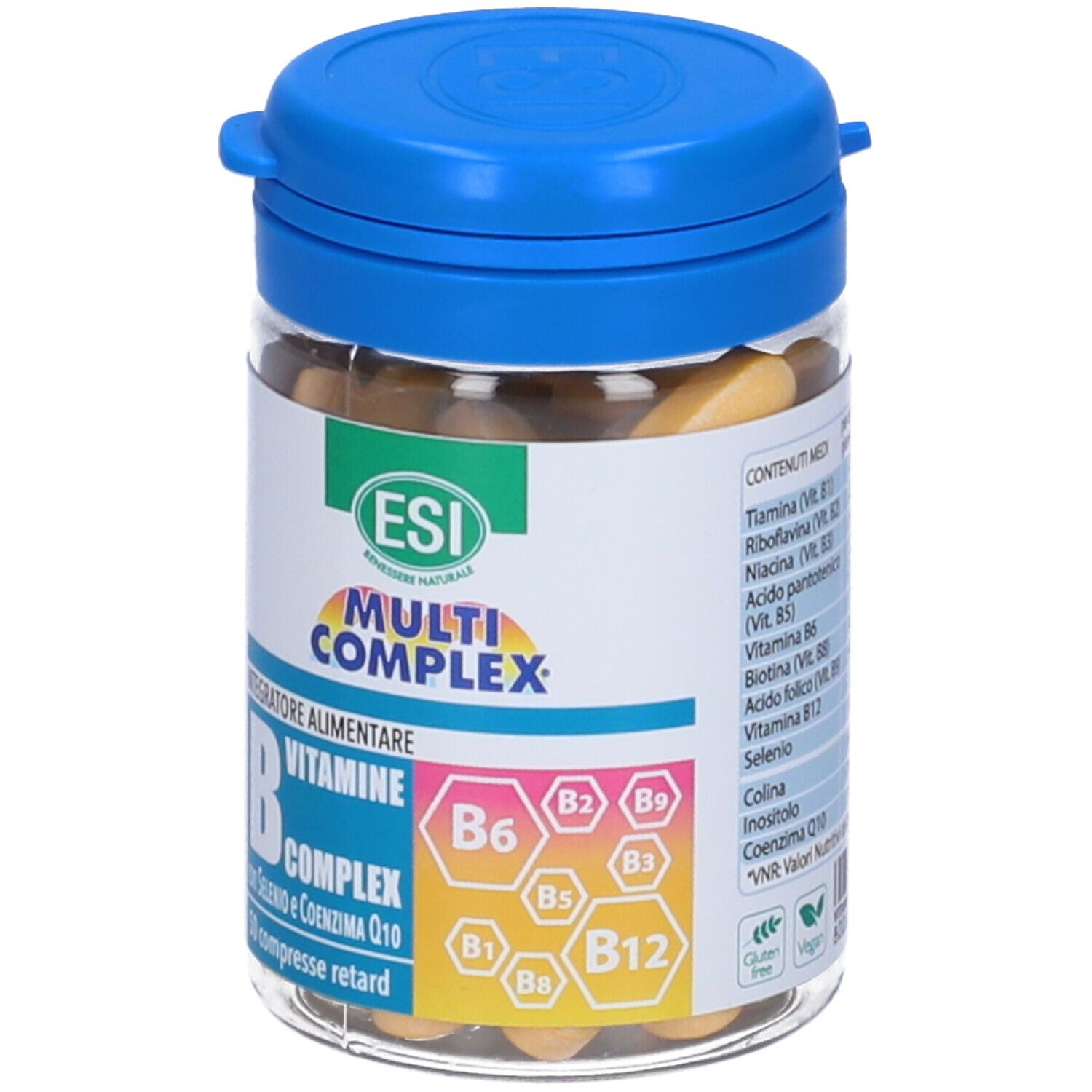 Barattolo trasparente con coperchio blu. Etichetta con nome prodotto e complesso di vitamina B. 50 compresse.