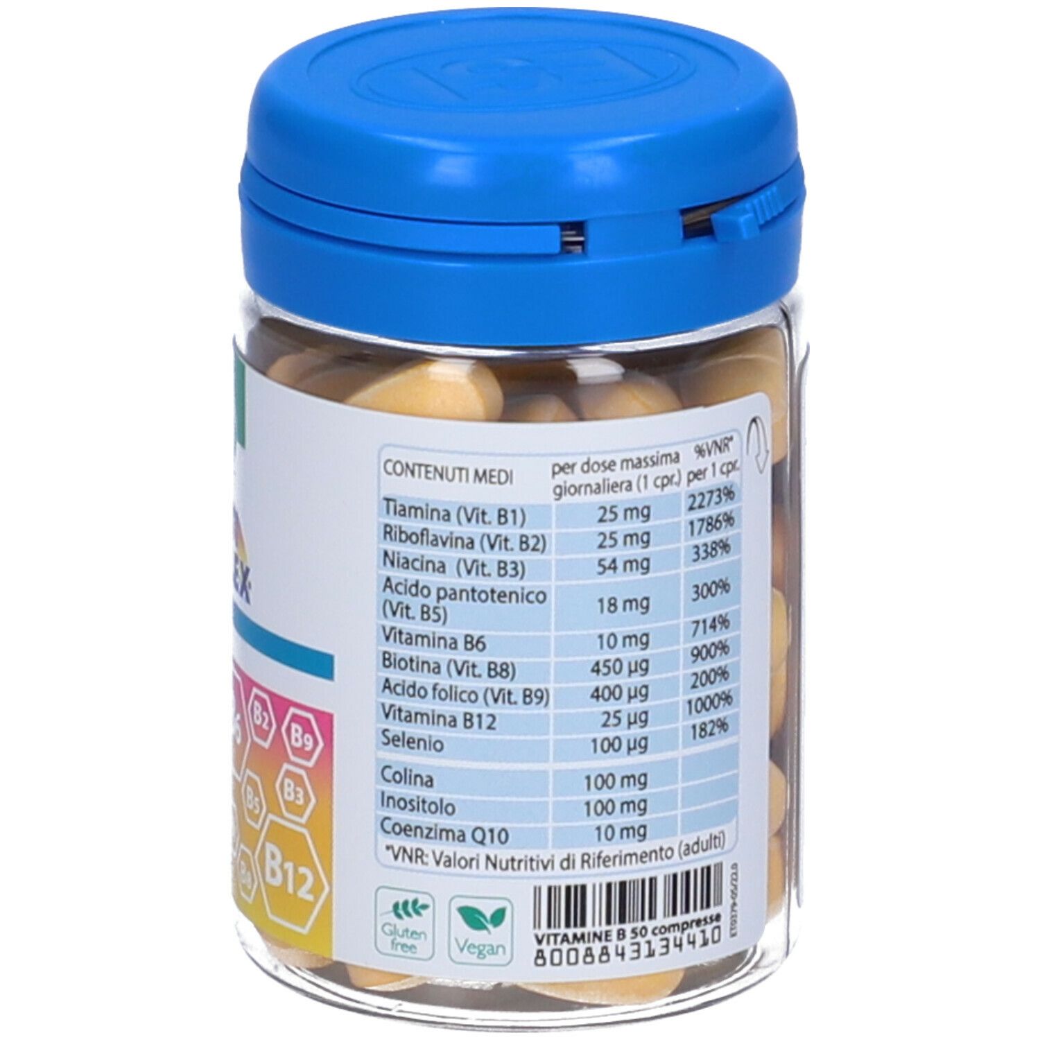 Retro del barattolo con coperchio blu. Etichetta con informazioni nutrizionali e ingredienti.