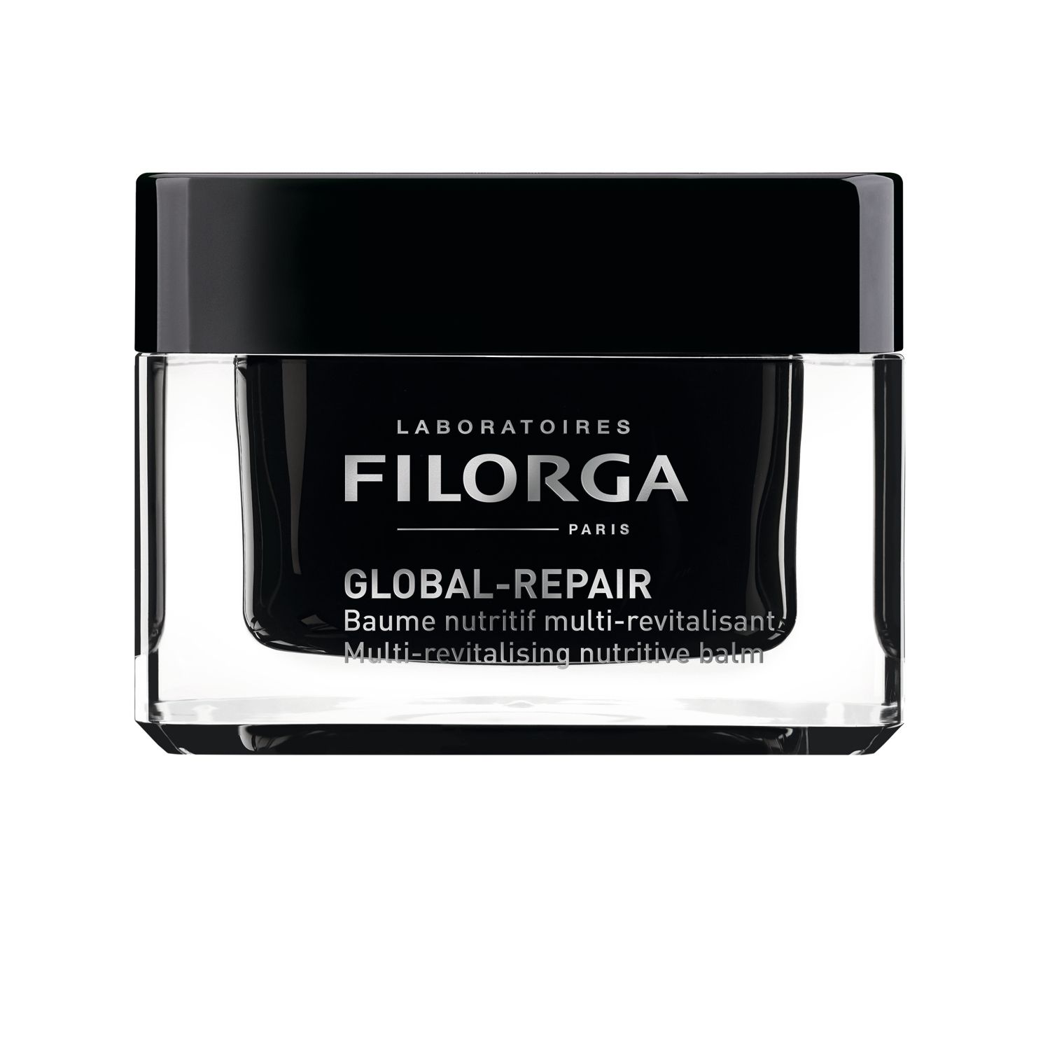 Vasetto nero con coperchio. Scritta FILORGA GLOBAL-REPAIR. Testi in francese e inglese.
