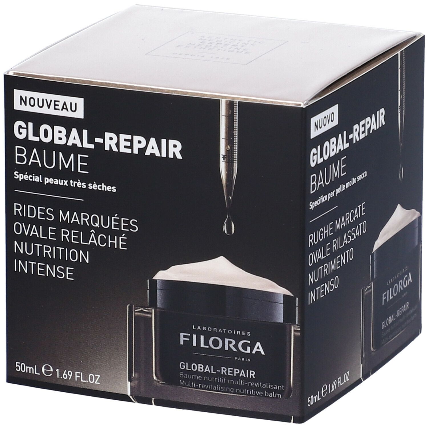 Confezione con vasetto. Scritta GLOBAL-REPAIR BAUME. 50ml. Testi in tedesco, francese, italiano.