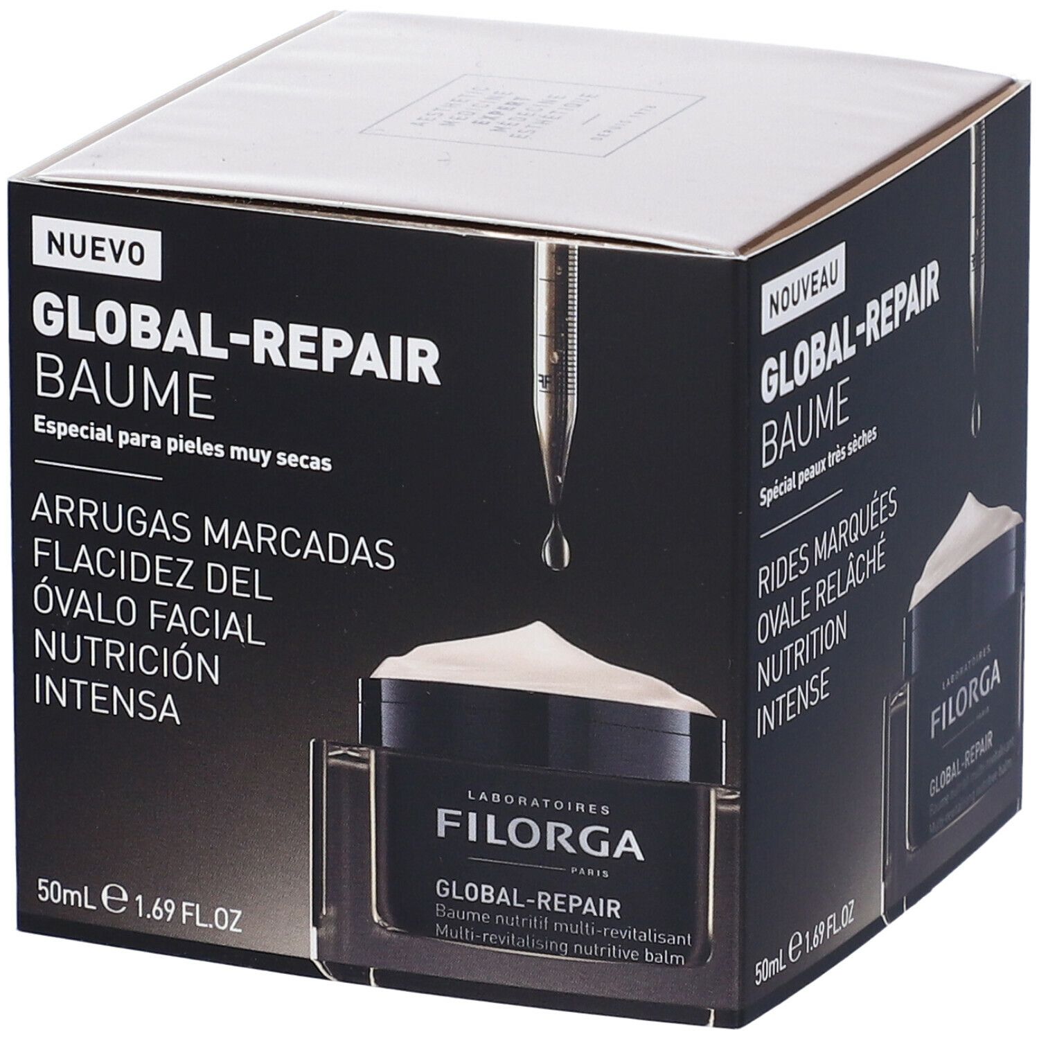 Confezione con vasetto. Scritta GLOBAL-REPAIR BAUME. 50ml. Testi in tedesco, francese, italiano.