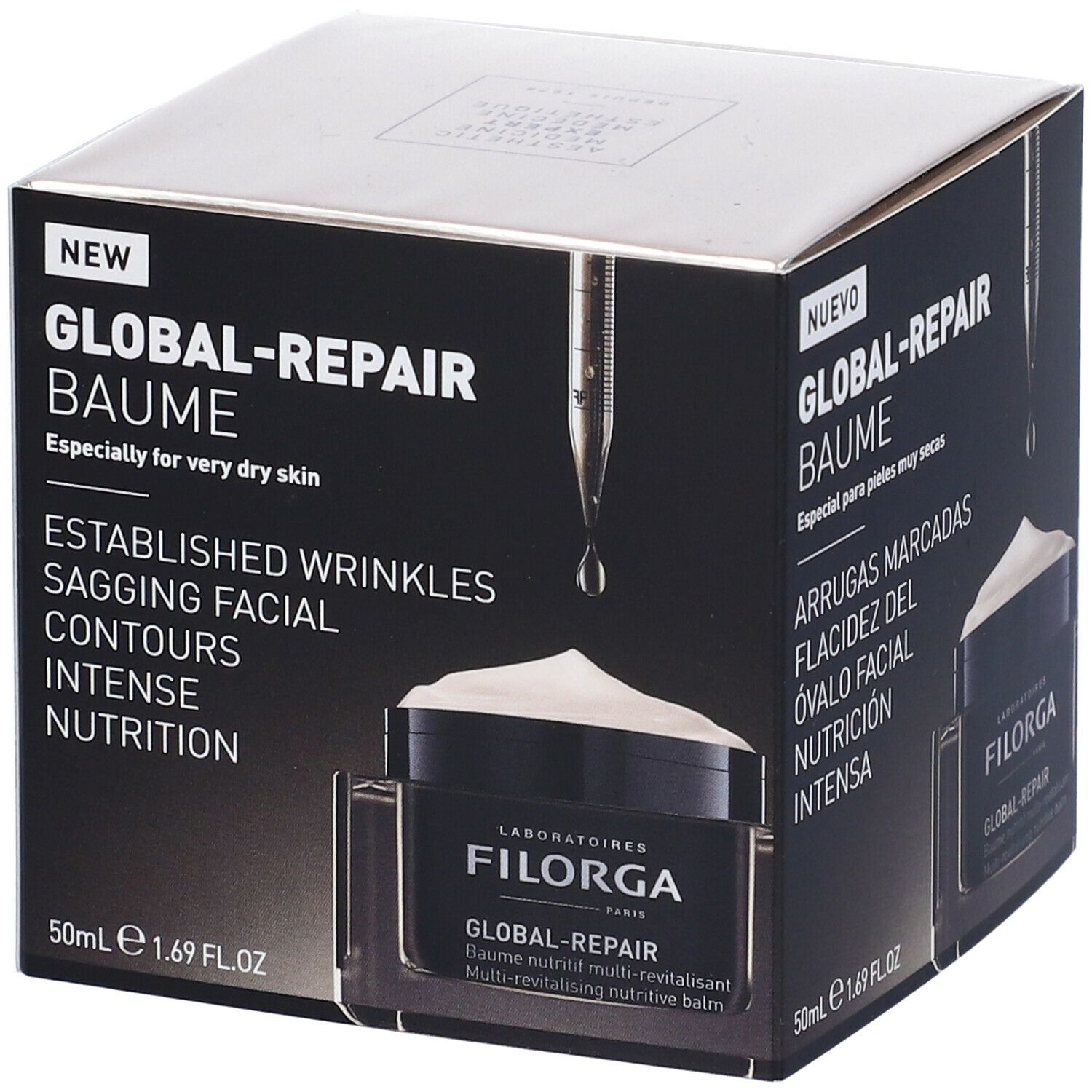 Confezione con vasetto. Scritta GLOBAL-REPAIR BAUME. 50ml. Testi in tedesco, francese, italiano.