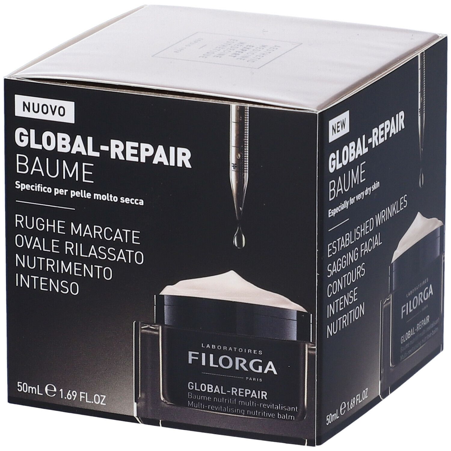 Confezione con vasetto. Scritta GLOBAL-REPAIR BAUME. 50ml. Testi in tedesco, francese, italiano.