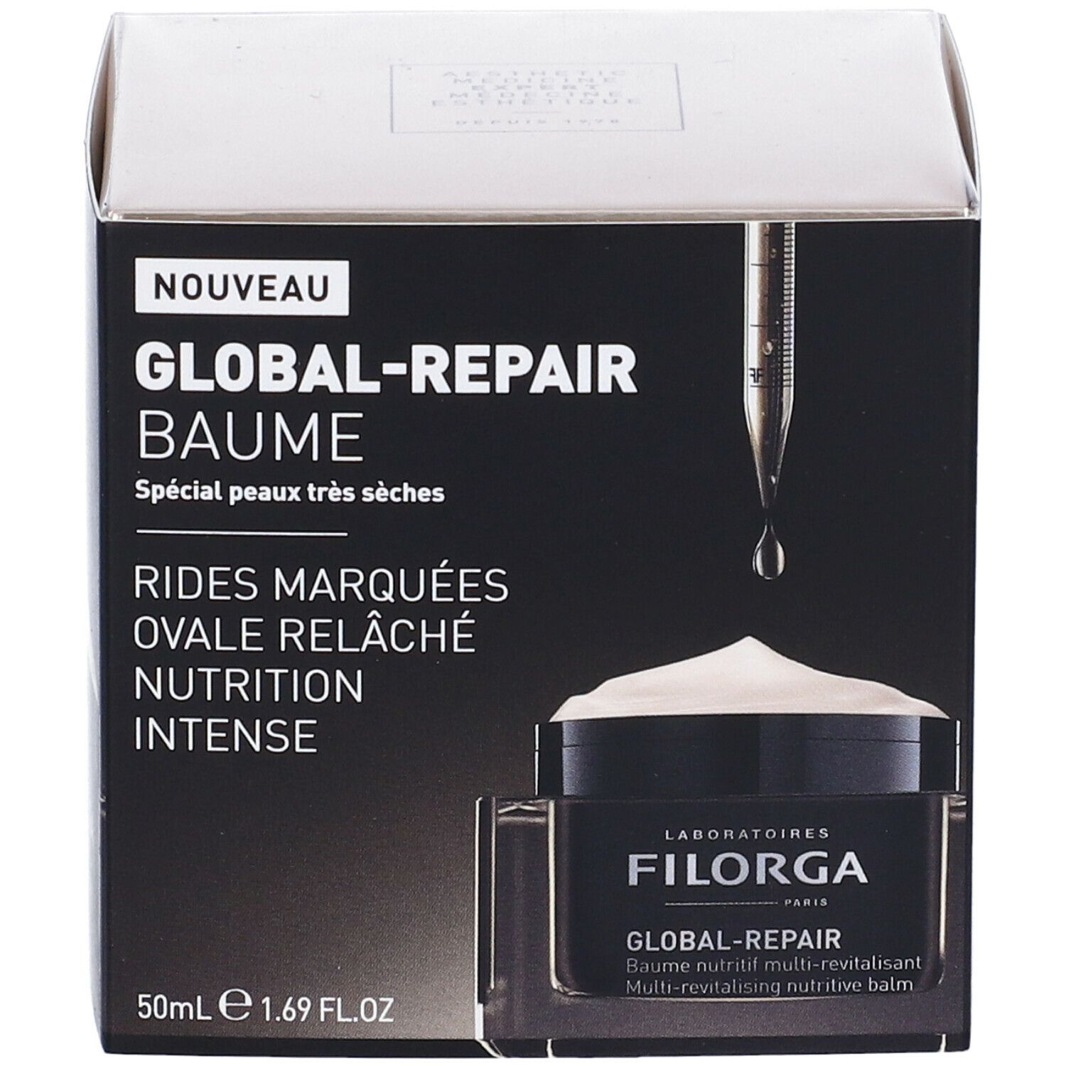 Confezione con vasetto. Scritta GLOBAL-REPAIR BAUME. 50ml. Testi in tedesco, francese, italiano.