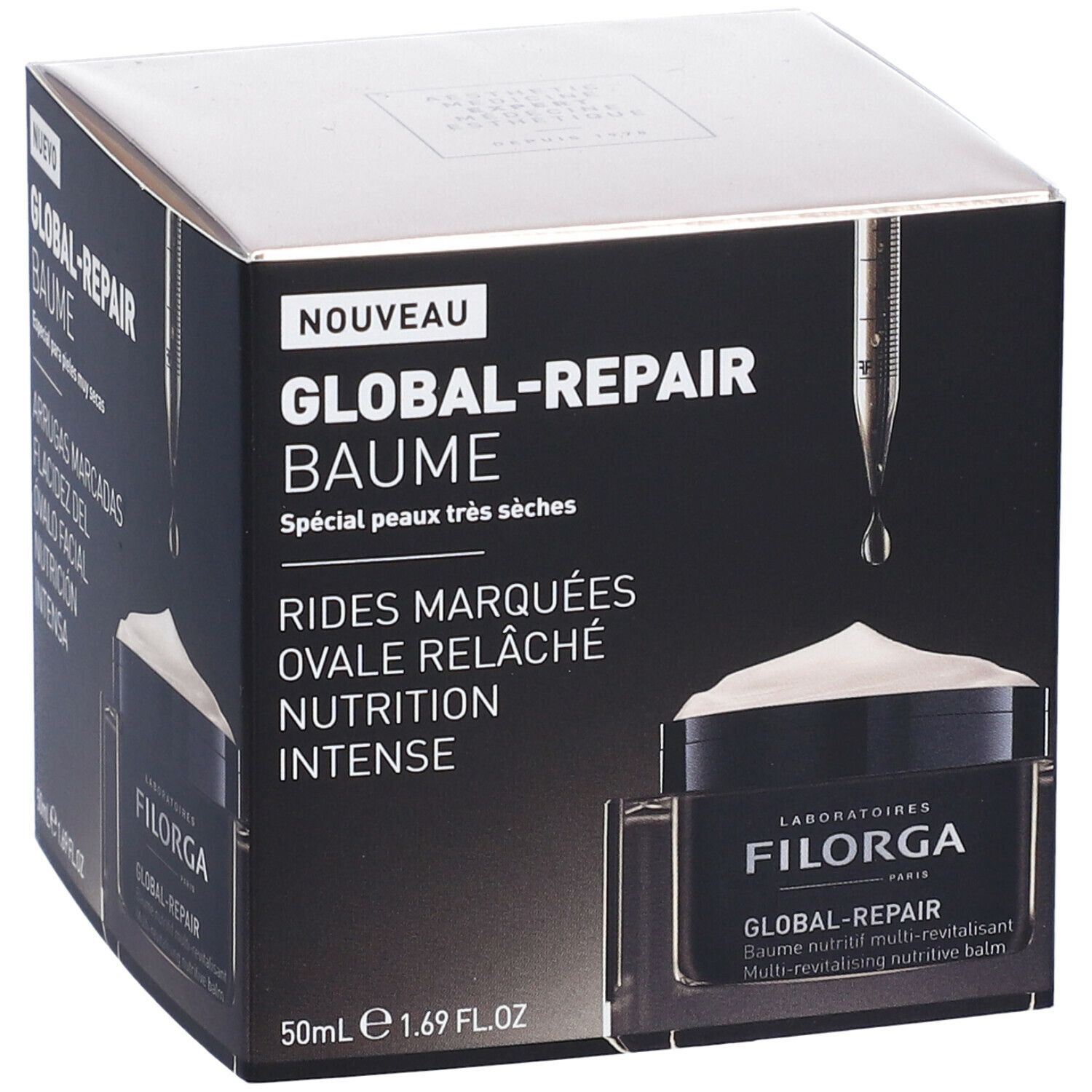 Confezione con vasetto. Scritta GLOBAL-REPAIR BAUME. 50ml. Testi in tedesco, francese, italiano.