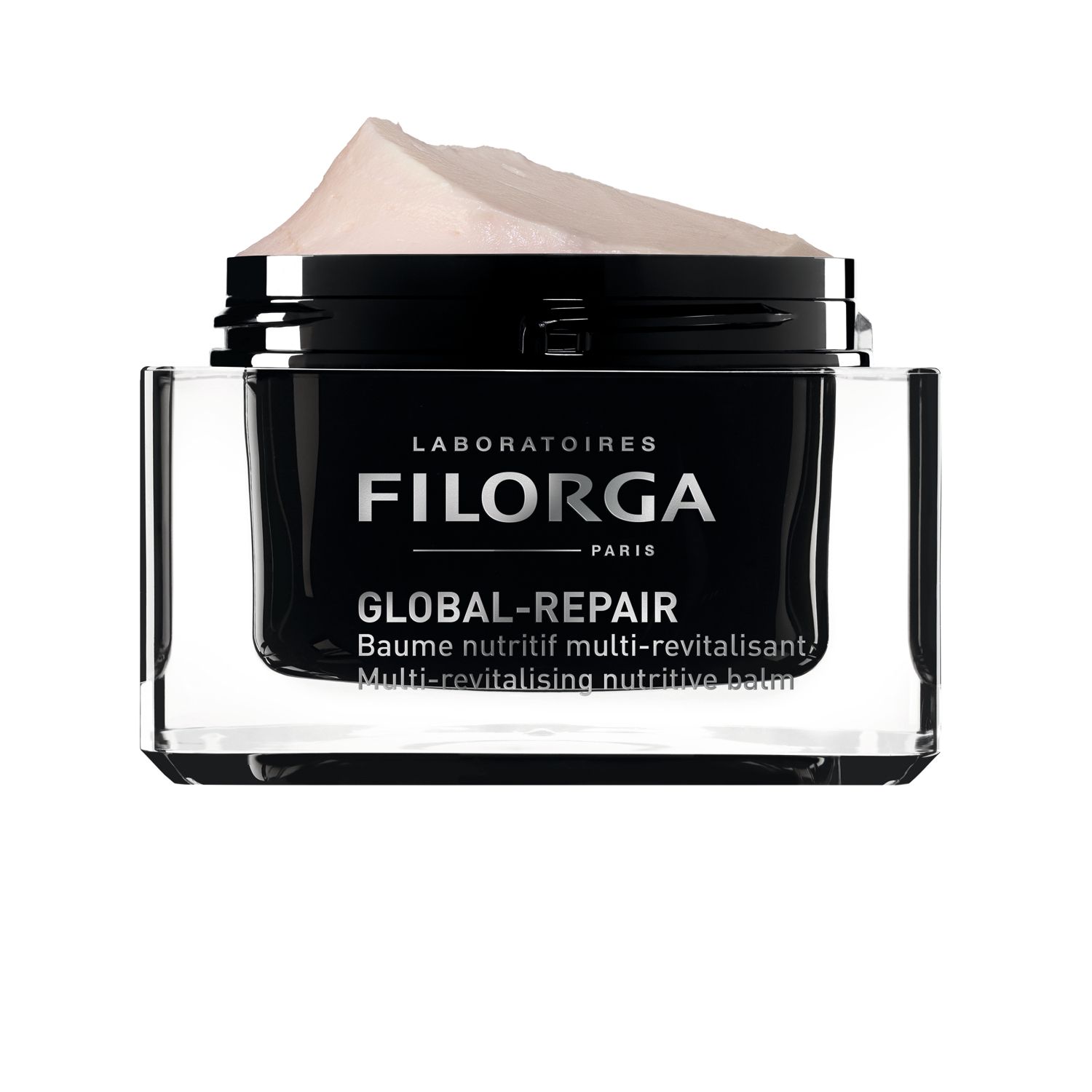 Vasetto nero aperto con coperchio. Scritta FILORGA GLOBAL-REPAIR. Crema visibile.