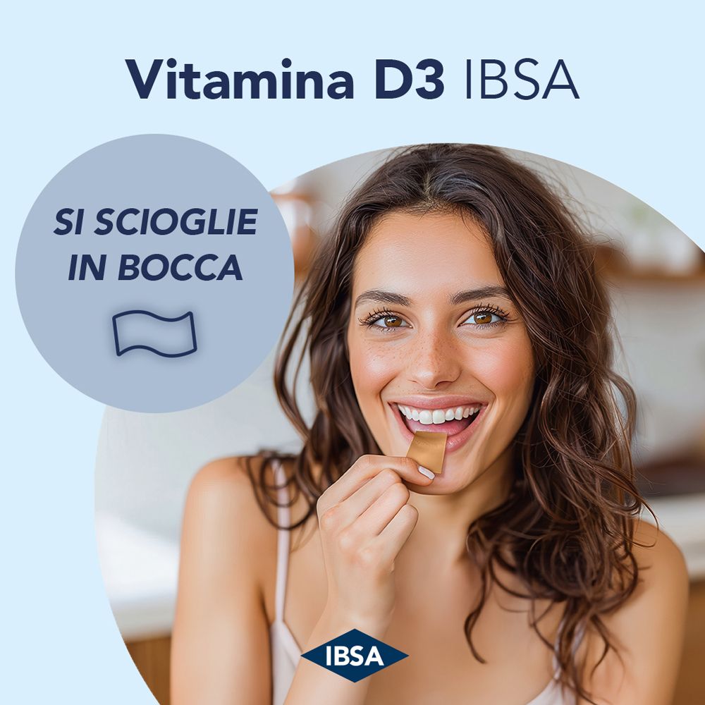 Frau nimmt einen Vitamin D3 Film in den Mund. Text: Löst sich im Mund.