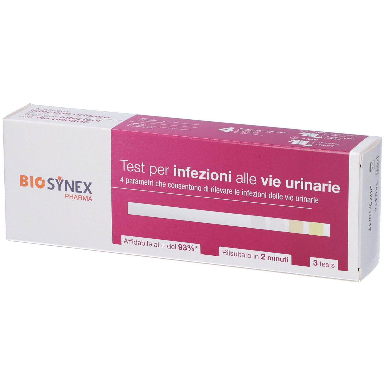 Confezione test Biosynex per infezioni urinarie. Scatola bianca e rosa con informazioni e immagine delle strisce.