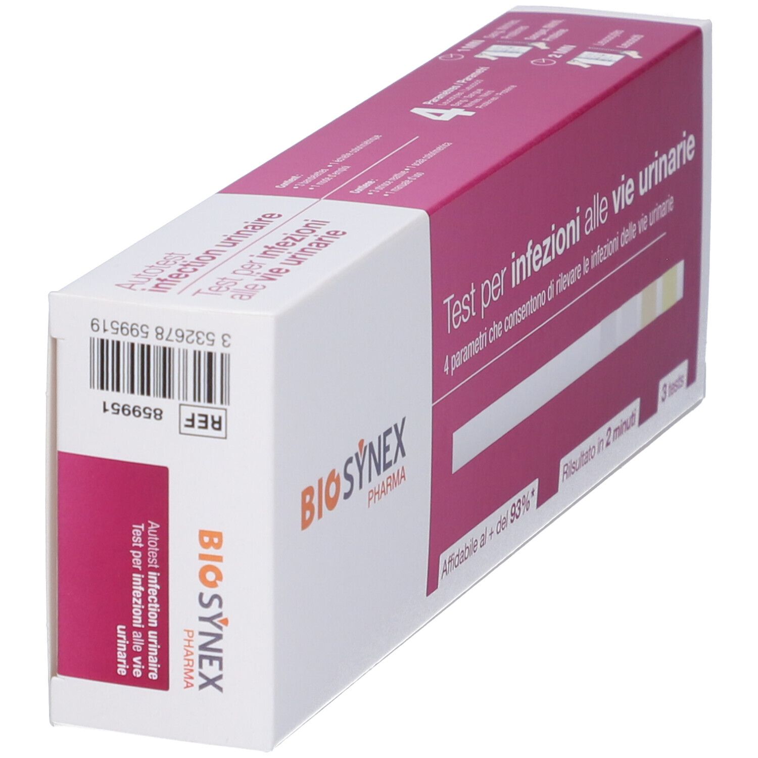 Confezione test Biosynex per infezioni urinarie, in diagonale. Scatola bianca e rosa con nome e immagine delle strisce.