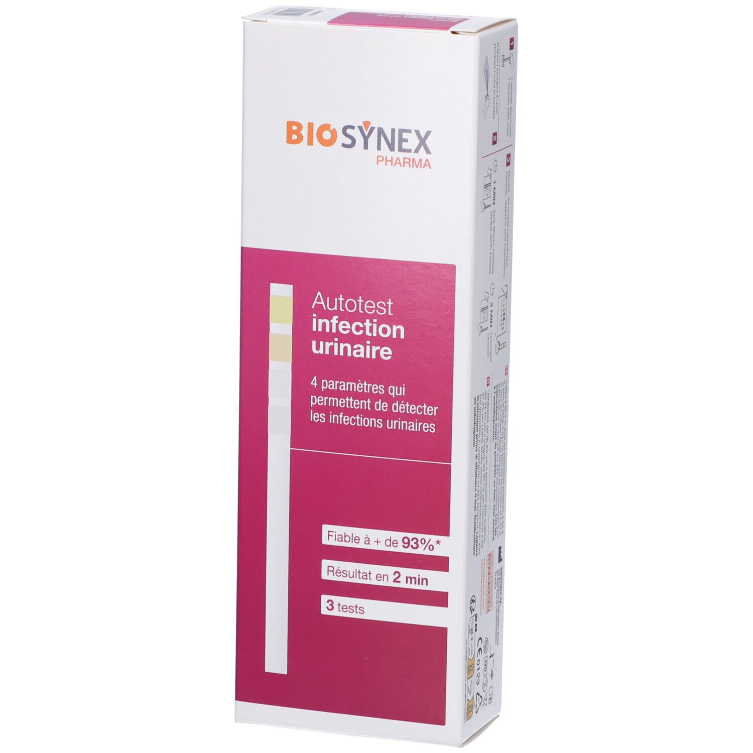 Confezione test Biosynex per infezioni urinarie. Confezione alta e stretta con nome e immagine delle strisce.