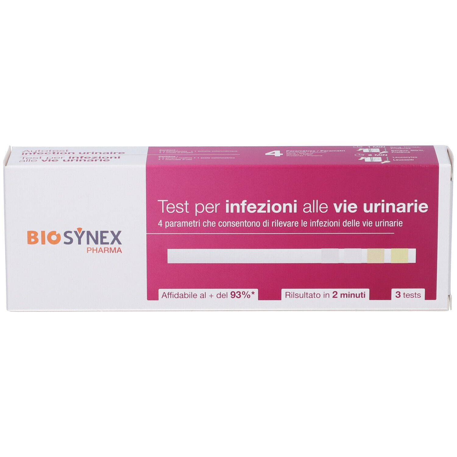 Confezione test Biosynex per infezioni urinarie. Scatola bianca e rosa con informazioni e immagine delle strisce.