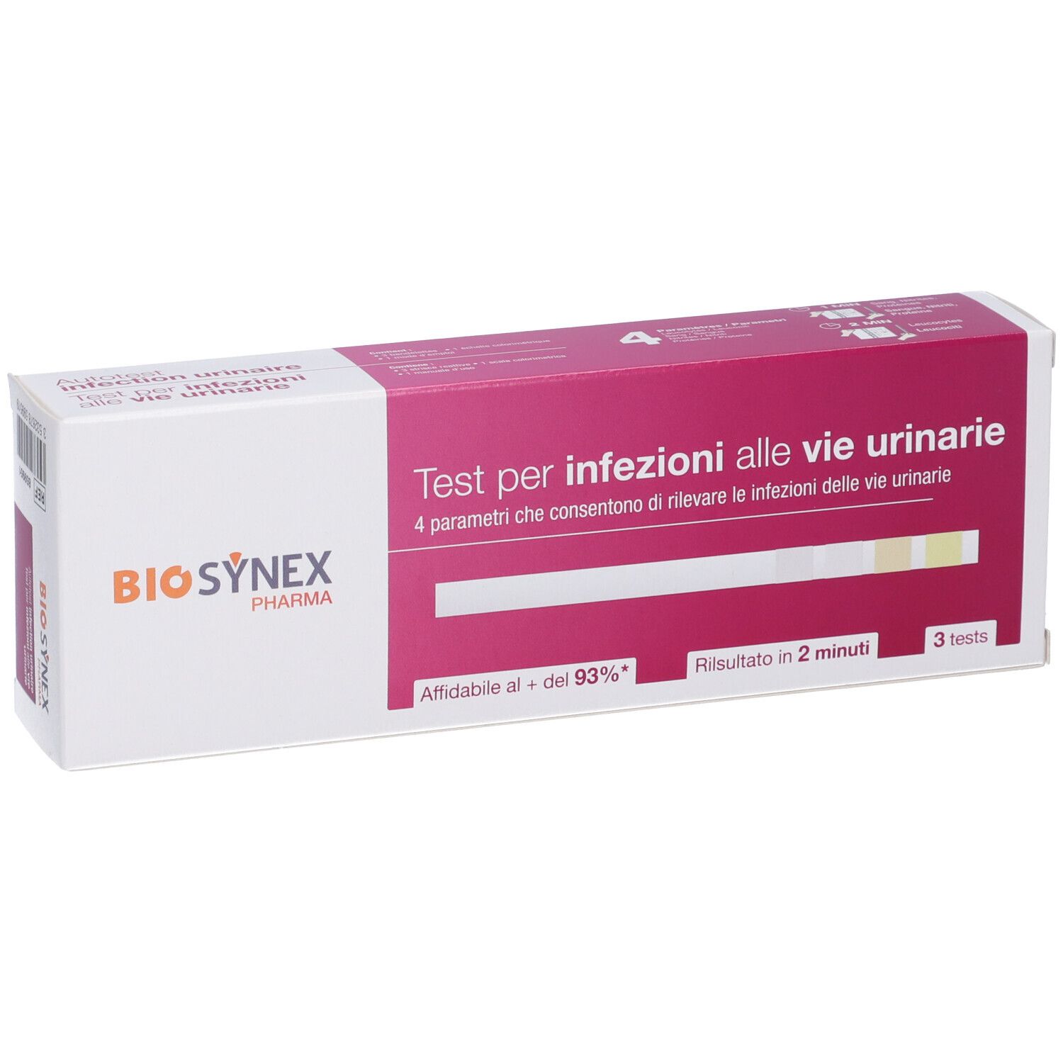 Confezione test Biosynex per infezioni urinarie. Scatola bianca e rosa con informazioni e immagine delle strisce.