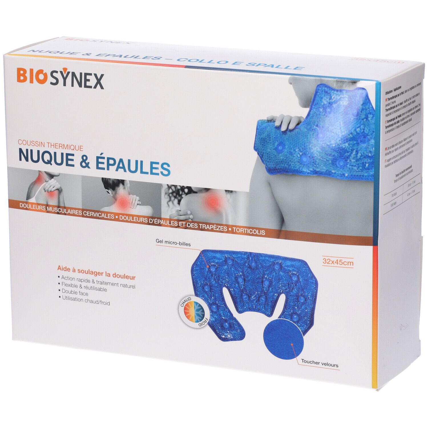 Confezione con cuscino termico blu per collo e spalle. Marchio BIO SYNEY. Dimensioni 32x45cm. Testo: Allevia il dolore.