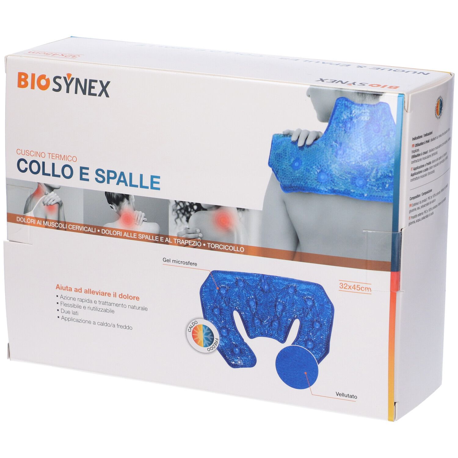 Confezione con cuscino termico blu per collo e spalle. Marchio BIO SYNEY. Dimensioni 32x45cm. Testo: Allevia il dolore.