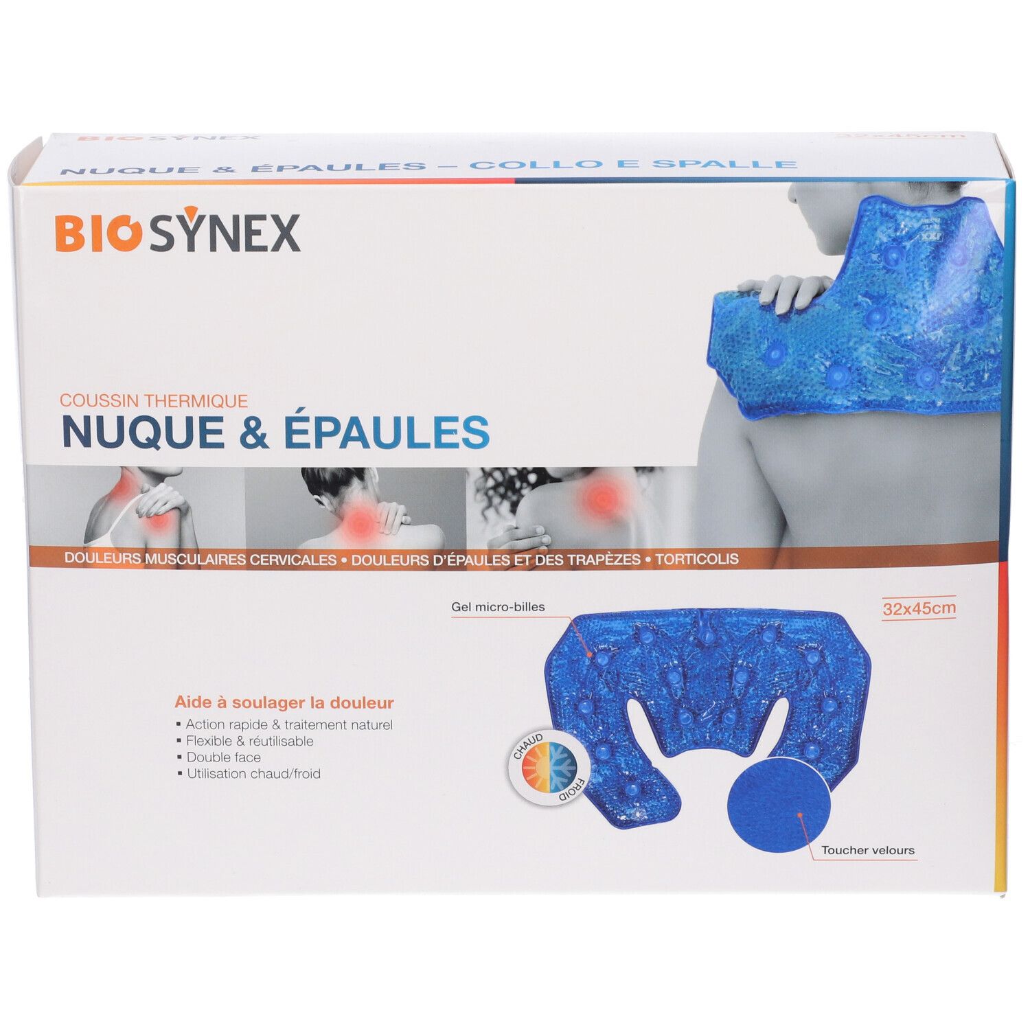 Confezione con cuscino termico blu per collo e spalle. Marchio BIO SYNEY. Dimensioni 32x45cm. Testo: Allevia il dolore.