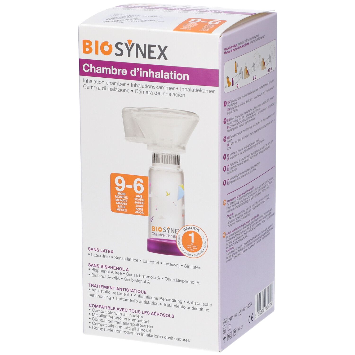 Confezione con camera di inalazione Biosynex. Età consigliata: 9-6 mesi.