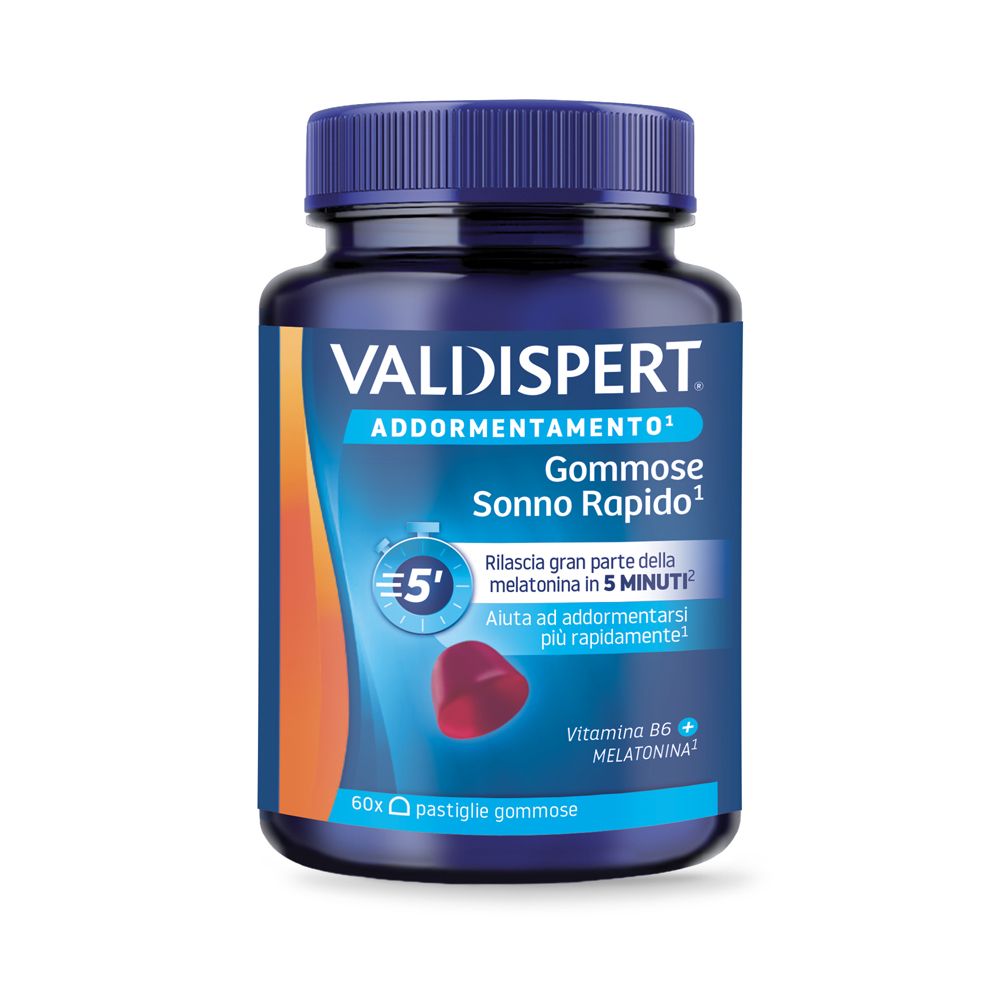 Flacone blu di VALDISPERT Gommose Sonno Rapido. Contiene 60 caramelle gommose. Scritte: 'Addormentamento' e 'Sonno Rapido'.