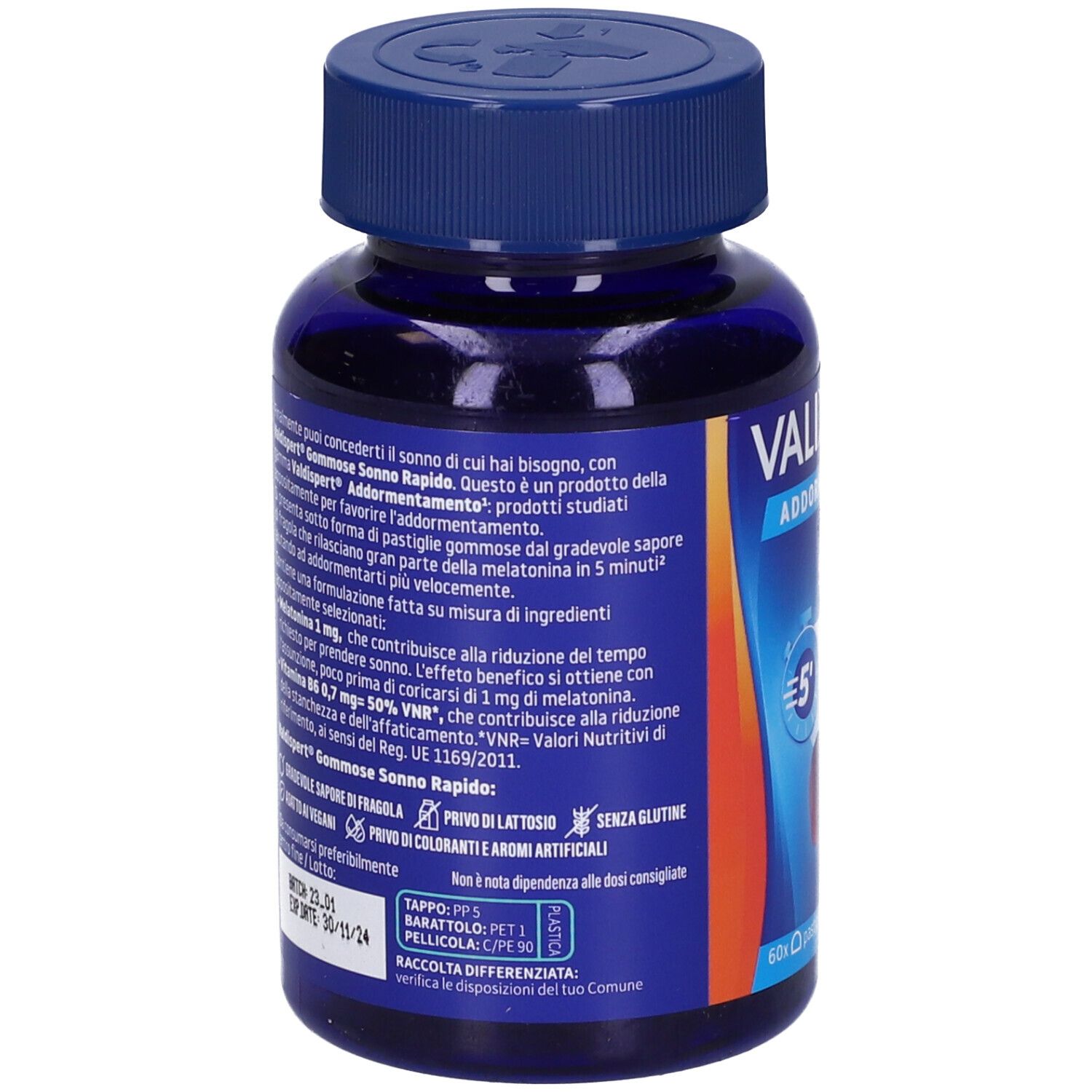 Retro del flacone blu VALDISPERT Gommose Sonno Rapido. Informazioni testuali e ingredienti. 'Senza glutine'.