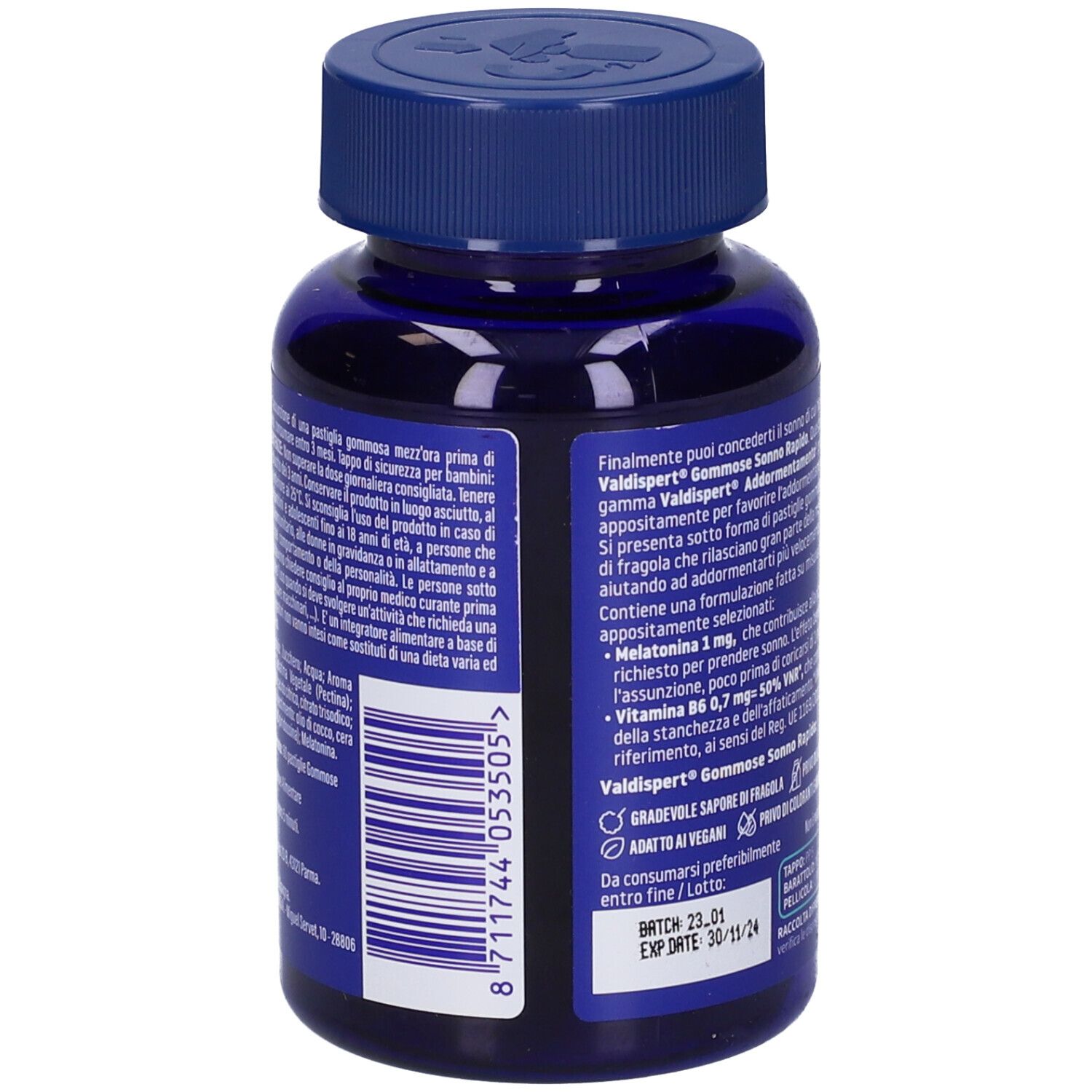 Retro del flacone blu VALDISPERT Gommose Sonno Rapido. Informazioni testuali e ingredienti. 'Adatto ai vegani'.