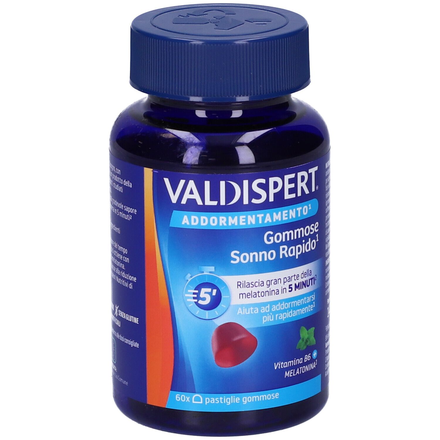 Flacone blu VALDISPERT Gommose Sonno Rapido. 60 caramelle gommose. Scritte: 'Addormentamento' e 'Sonno Rapido'.