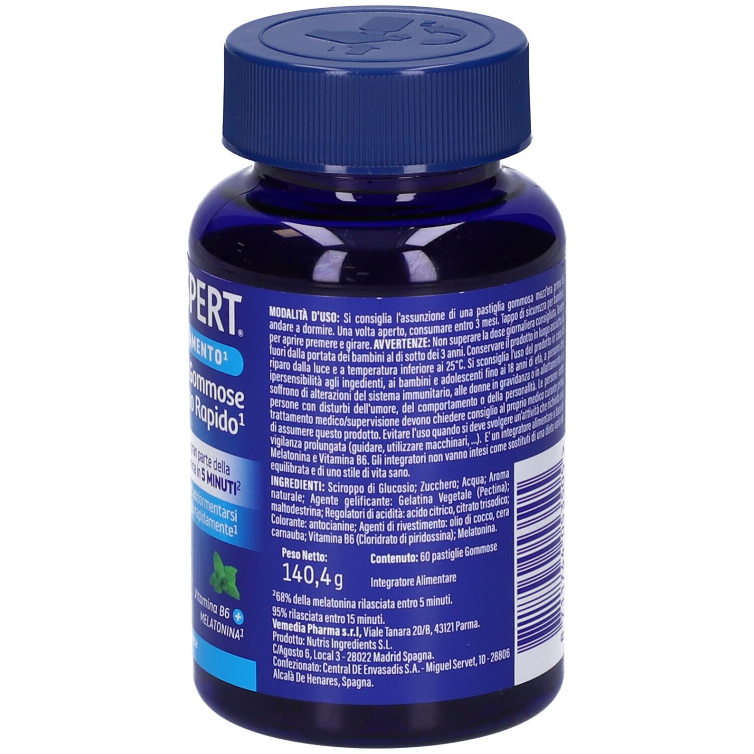 Retro del flacone blu VALDISPERT Gommose Sonno Rapido. Informazioni, ingredienti e peso: 140,4 g.