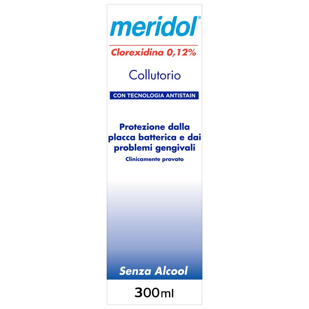 Meridol Clorexidina 0,12% Collutorio. Flacone con informazioni prodotto. Senza Alcool. 300ml.