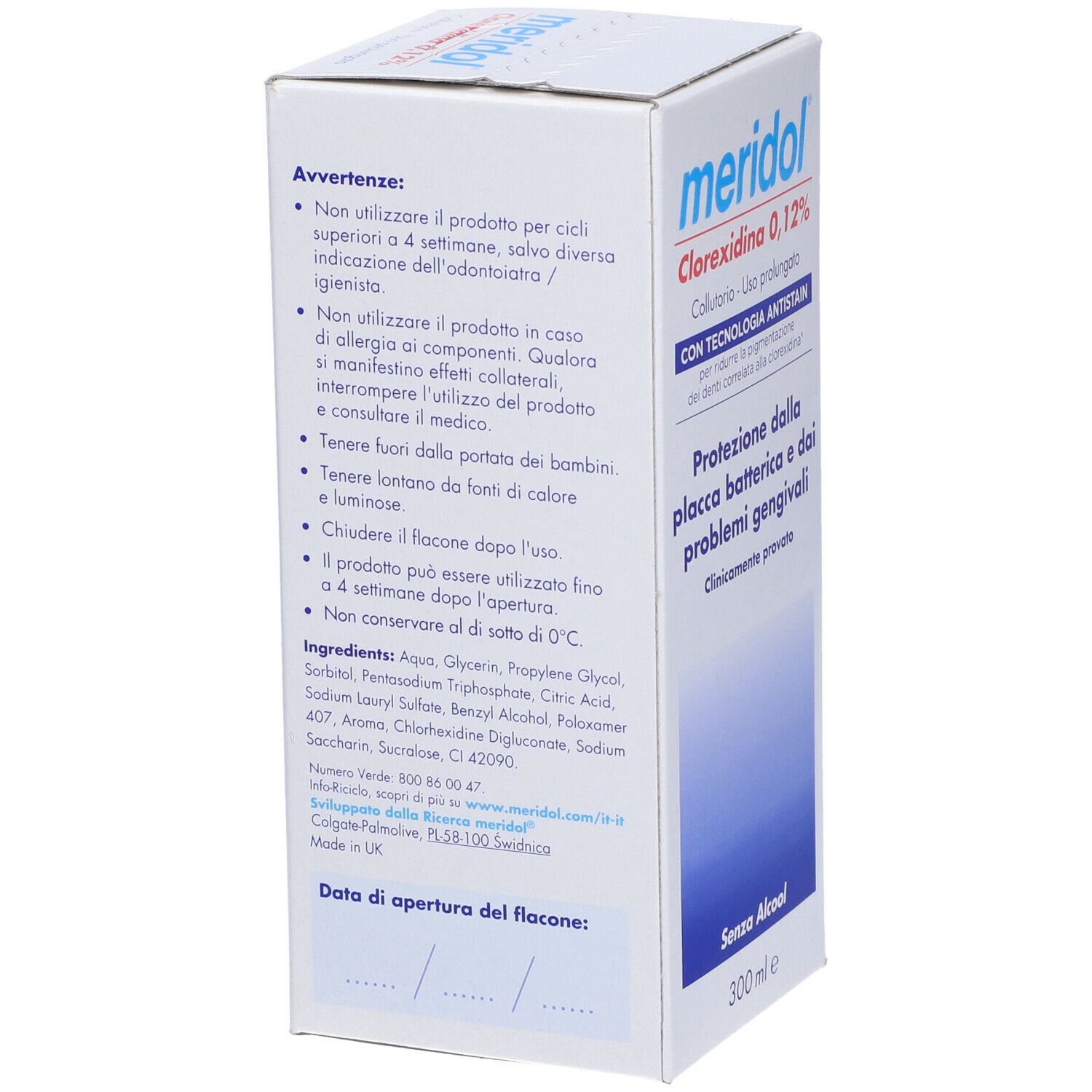 Lato della confezione Meridol Clorexidina 0,12%. Informazioni e avvertenze.