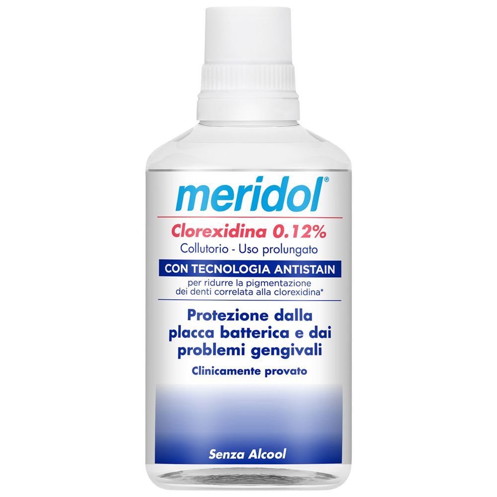Meridol Clorexidina 0,12% Collutorio. Flacone bianco con informazioni. Senza Alcool.