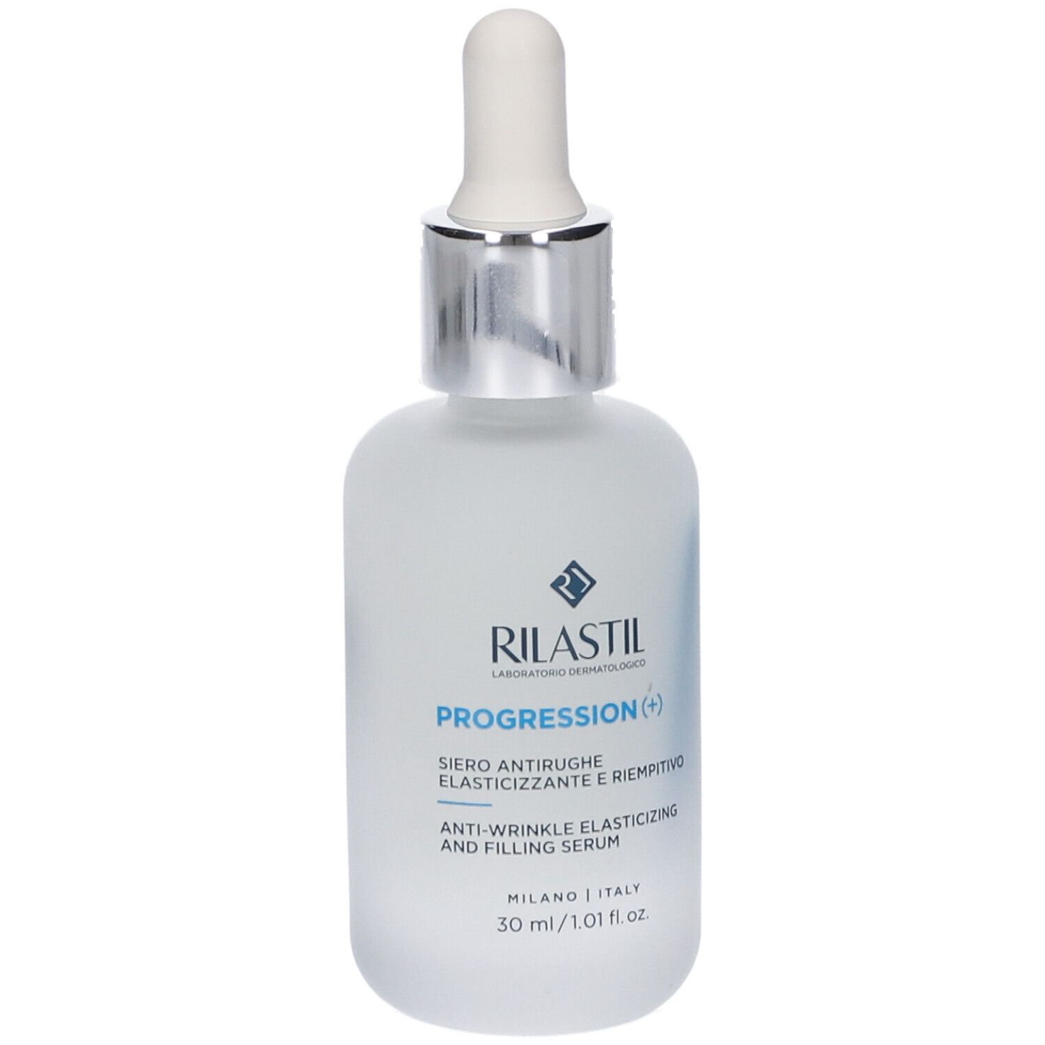 Serumflasche. Aufschrift: Rilastil Progression(+), Anti-Wrinkle Elasticizing and Filling Serum.