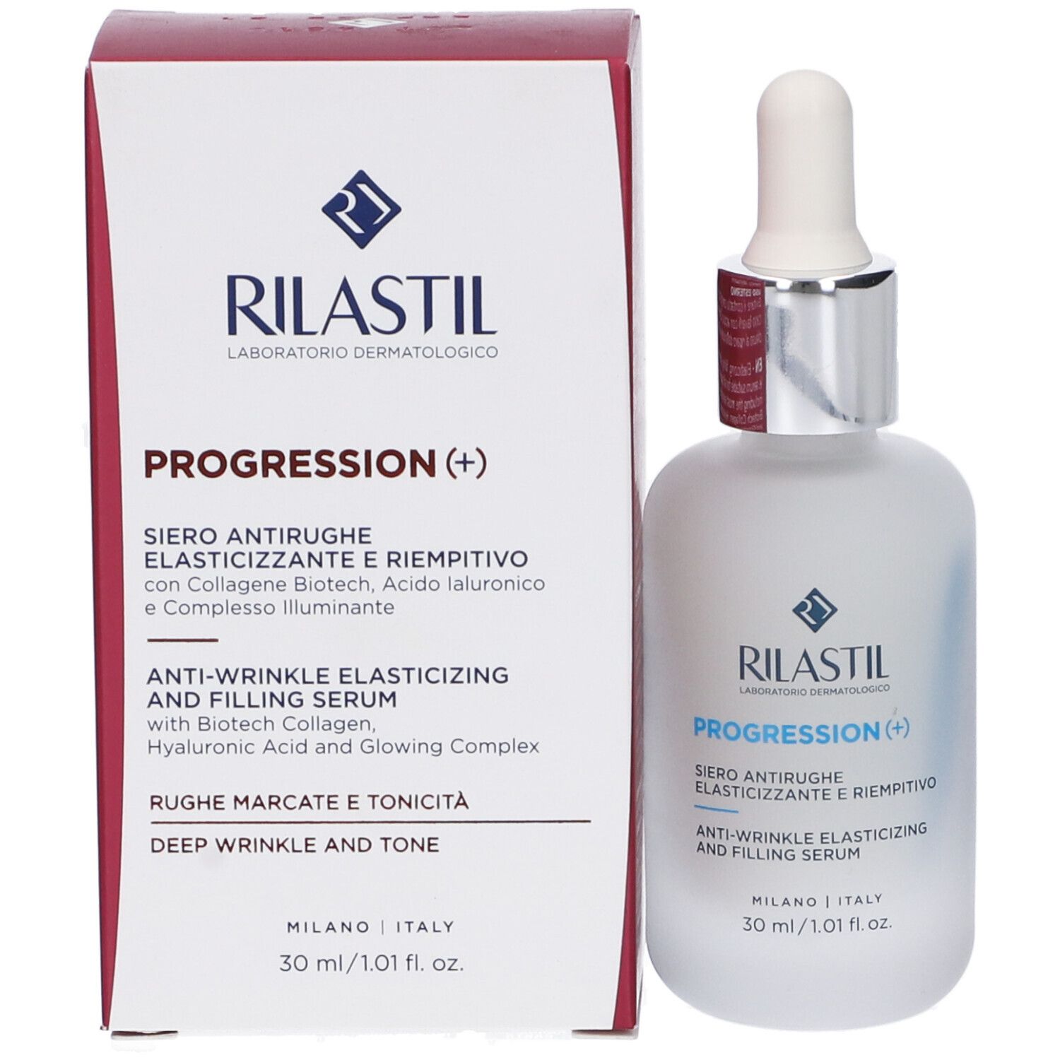 Serumflasche und Verpackung. Aufschrift: Rilastil Progression(+), Anti-Wrinkle Elasticizing and Filling Serum.