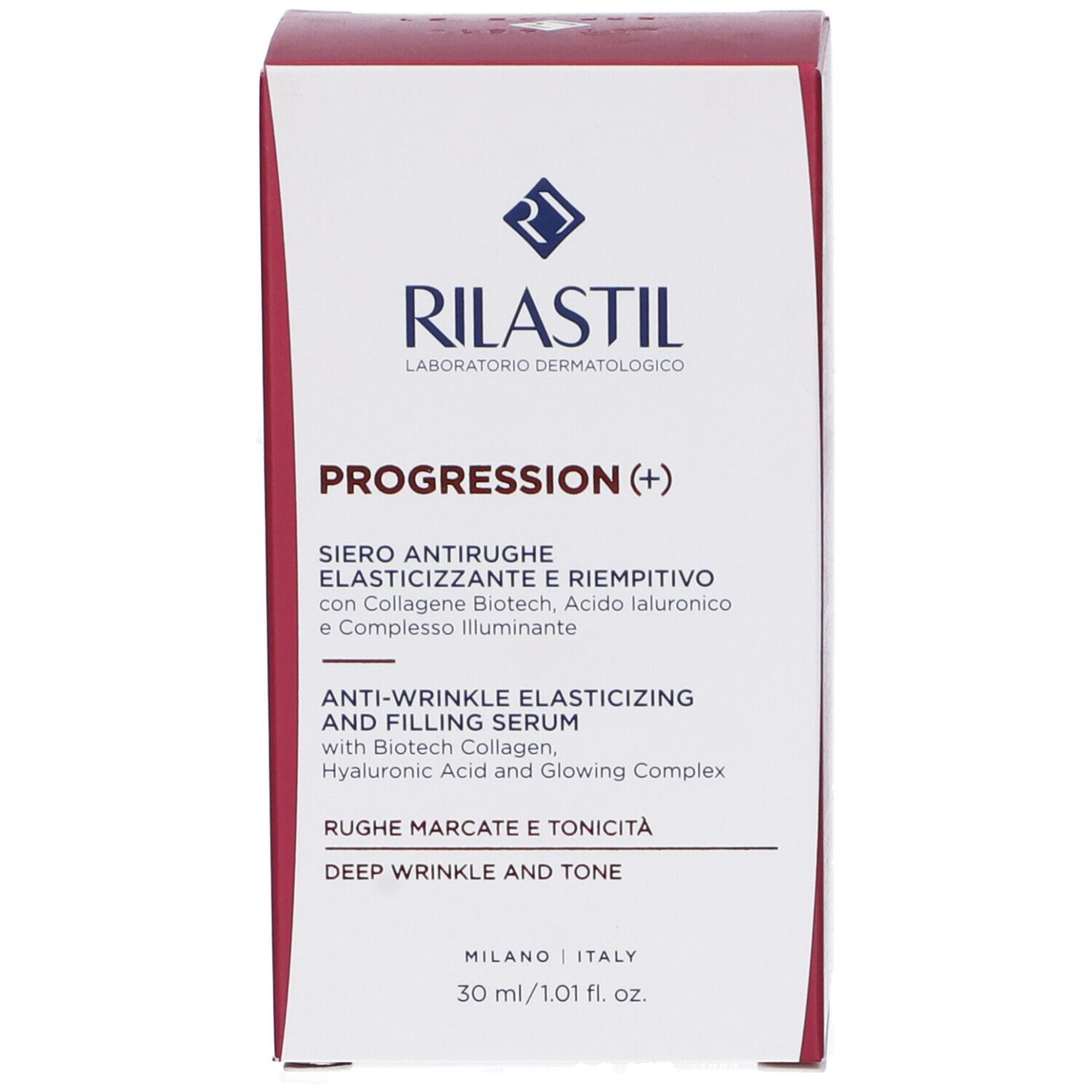 Verpackung. Aufschrift: Rilastil Progression(+), Anti-Wrinkle Elasticizing and Filling Serum.