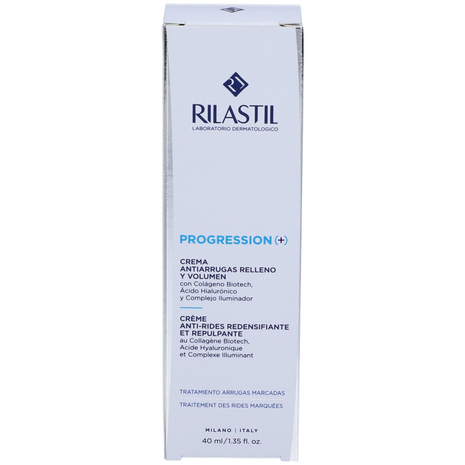 Confezione. Testo: Rilastil, Progression (+), crema antirughe, 40 ml.