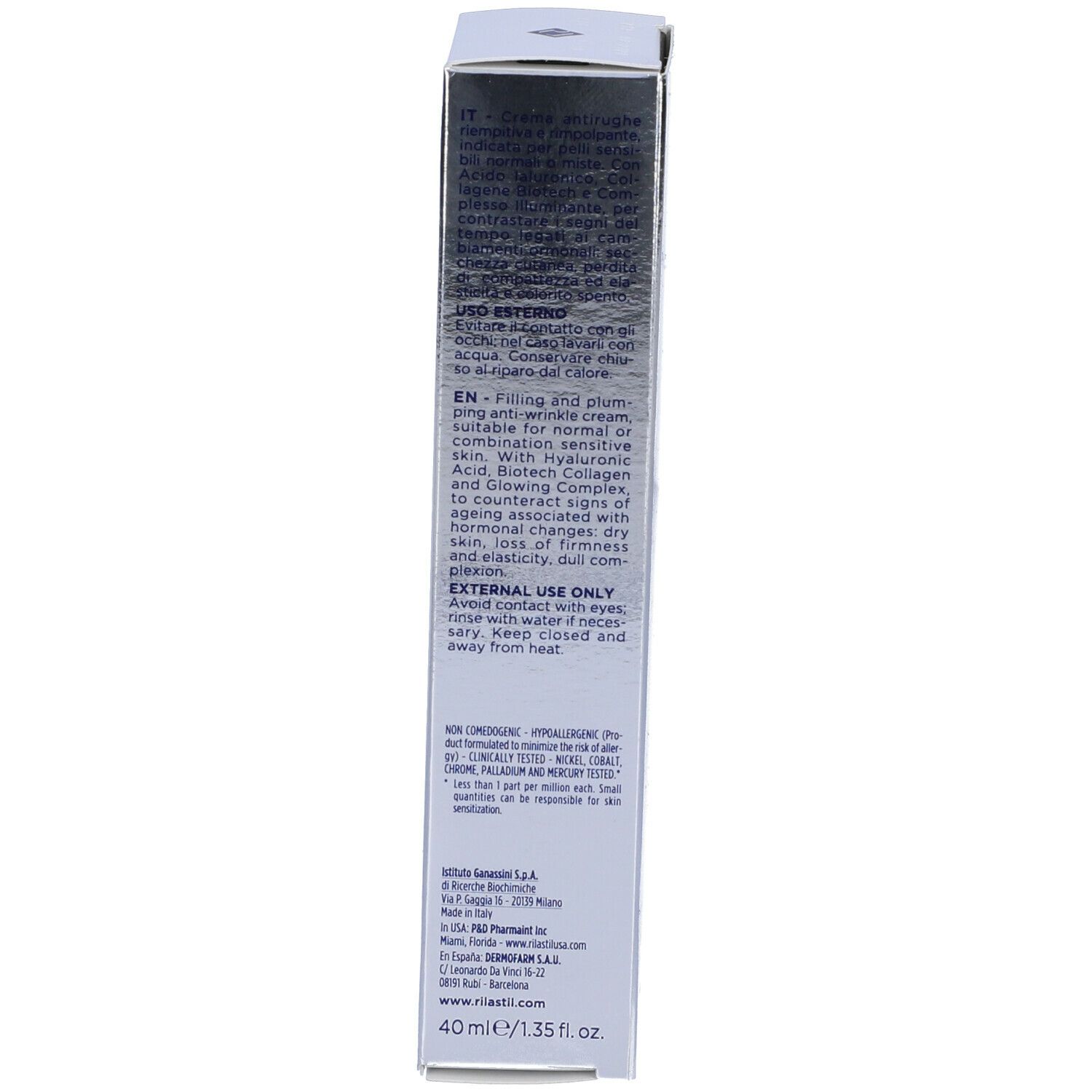 Scatola. Testo: Rilastil, Progression (+), 40 ml. Istruzioni multilingue.