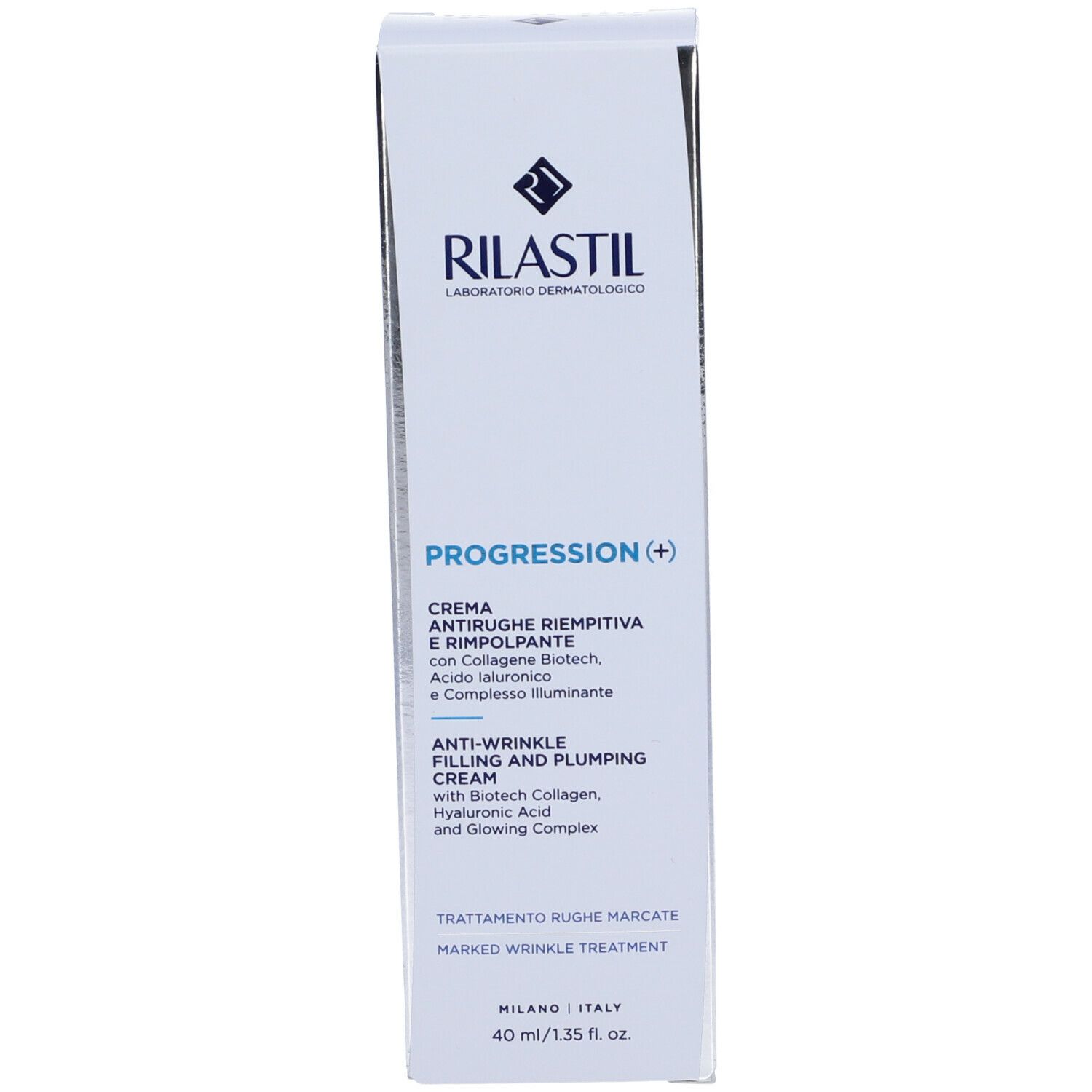 Confezione. Testo: Rilastil, Progression (+), crema antirughe, 40 ml.