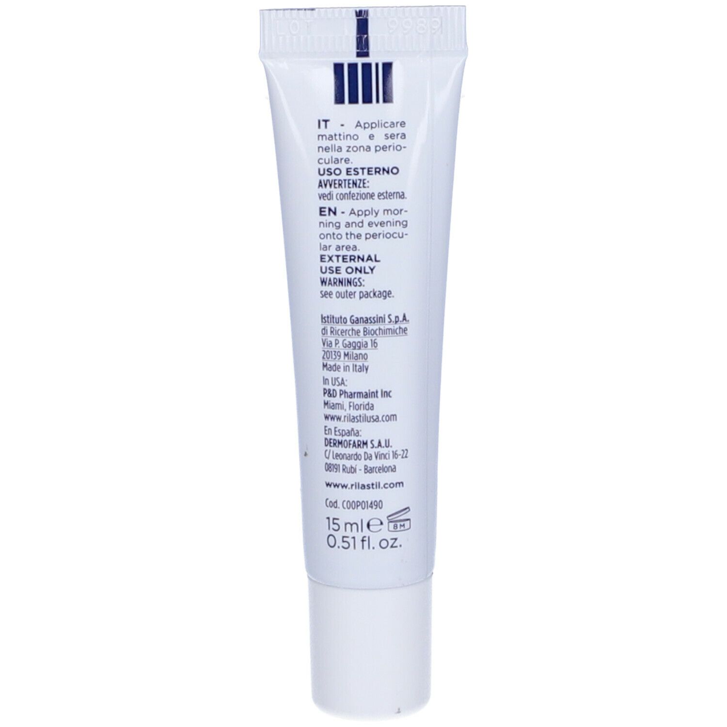 Retro del tubo Rilastil Progression. Testo in italiano e inglese. 15 ml/0.51 fl. oz.