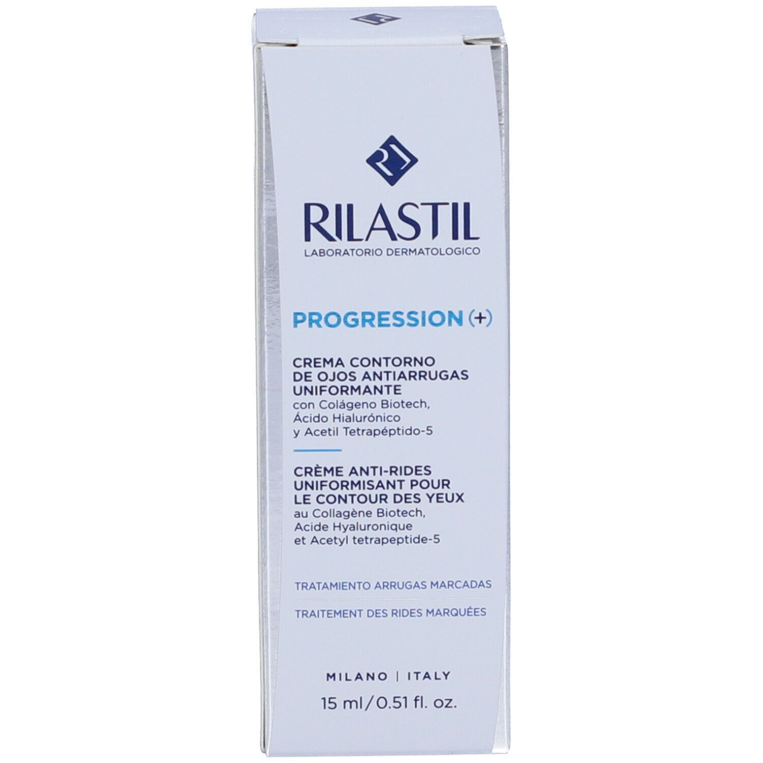 Confezione Rilastil Progression crema contorno occhi. Scatola bianca, scritta blu. Contiene 15 ml/0.51 fl. oz.