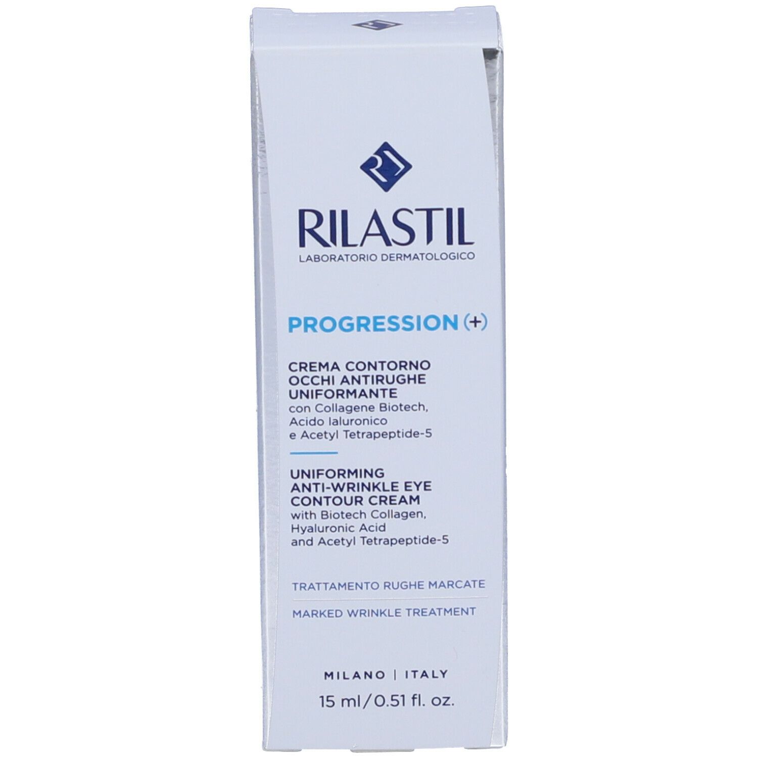 Confezione Rilastil Progression crema contorno occhi. Scatola bianca, scritta blu. Contiene 15 ml/0.51 fl. oz.