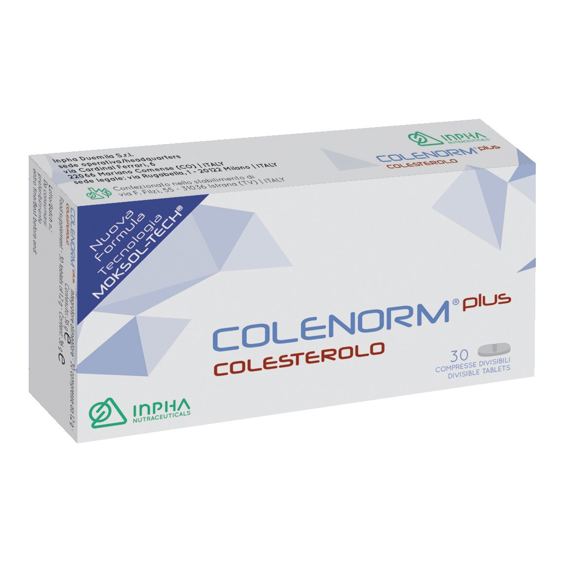 Scatola bianca con testo blu e verde. Scritto: COLENORM plus, COLESTEROLO, 30 Compresse Divisibili. Logo INPHA.