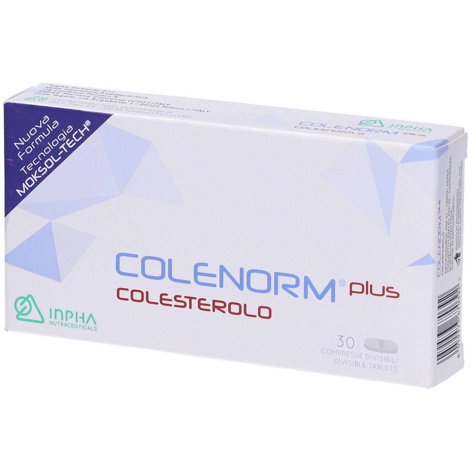 Scatola bianca con testo blu e verde. Scritto: COLENORM plus, COLESTEROLO, 30 Compresse Divisibili. Logo INPHA.